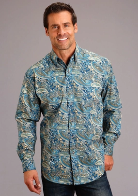 Stetson Mens Blue 100% Cotton Fall Paisley BD L/S 1 Pkt Shirt Wardrobe Staple