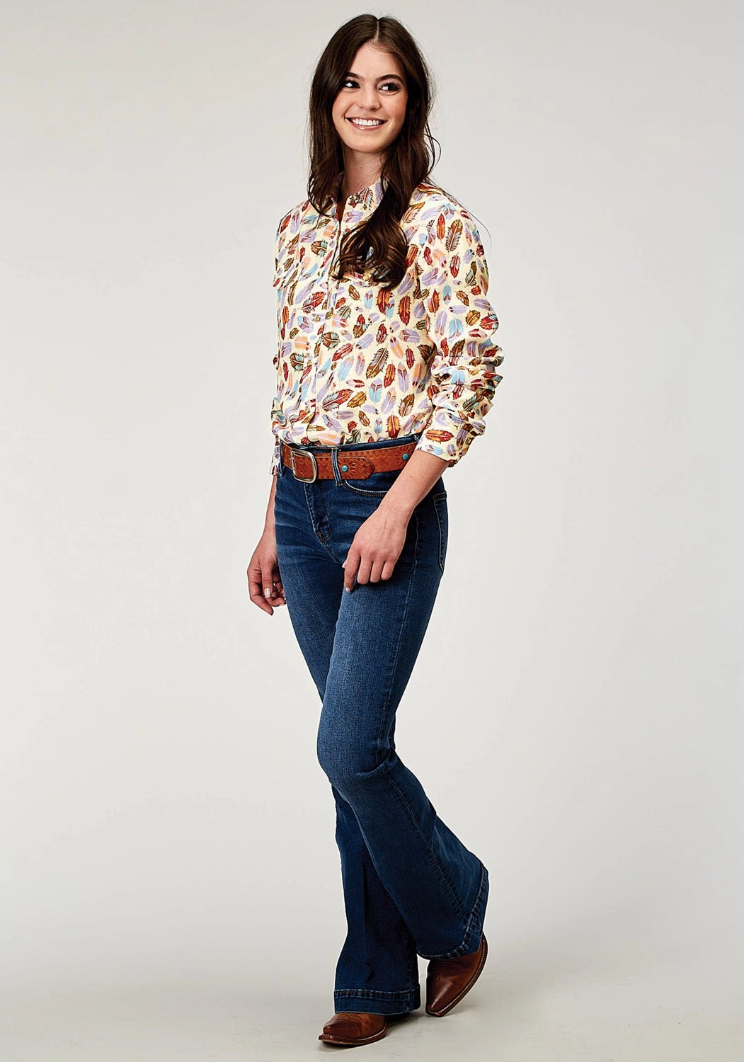 Roper Womens 1990 Feather Toss Multi-Color 100% Rayon L/S Shirt Durable Construction Anti Static Lining