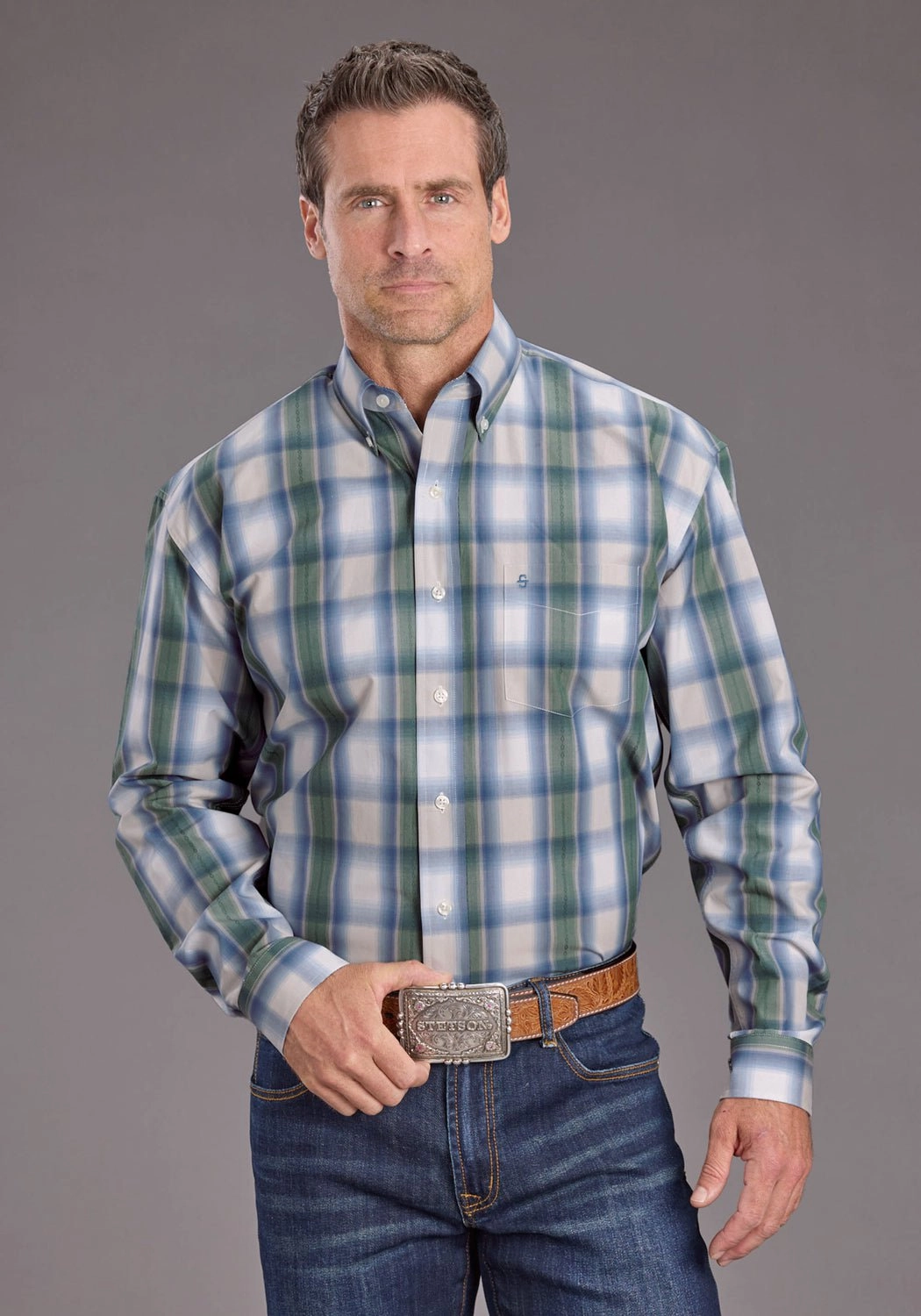 Stetson Mens Moss Dobby Plaid Blue 100% Cotton 1 Pkt L/S Shirt Brushed Inner Lining Multipurpose Layering Fabric