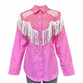 Seamless Side Panels Flexible Knit Rockmount Womens Vintage Fringe Embroidered Pink 100% Cotton L/S Shirt