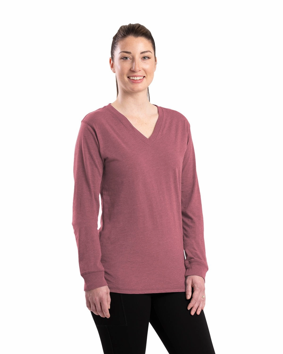 Urban Trend Versatile Style Berne Womens Performance V-Neck Mauve Cotton Blend L/S T-Shirt