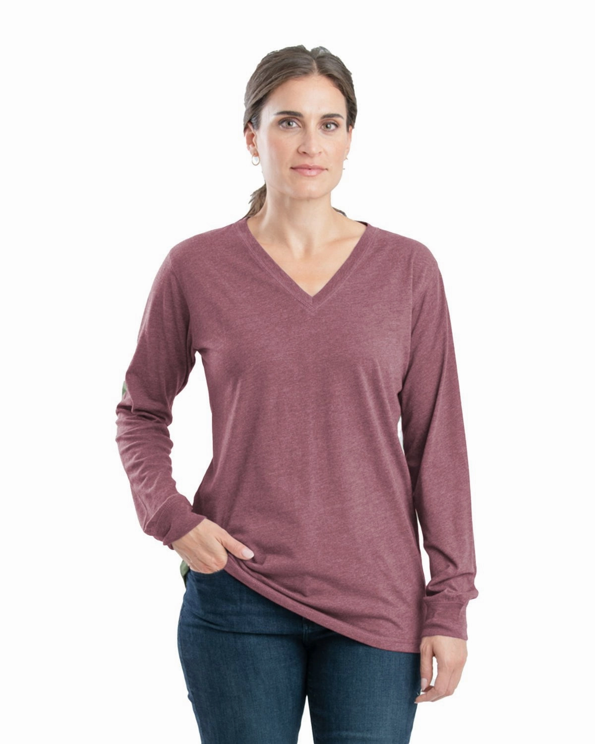Berne Womens Performance V-Neck Mauve Cotton Blend L/S T-Shirt High-End Look Iconic look