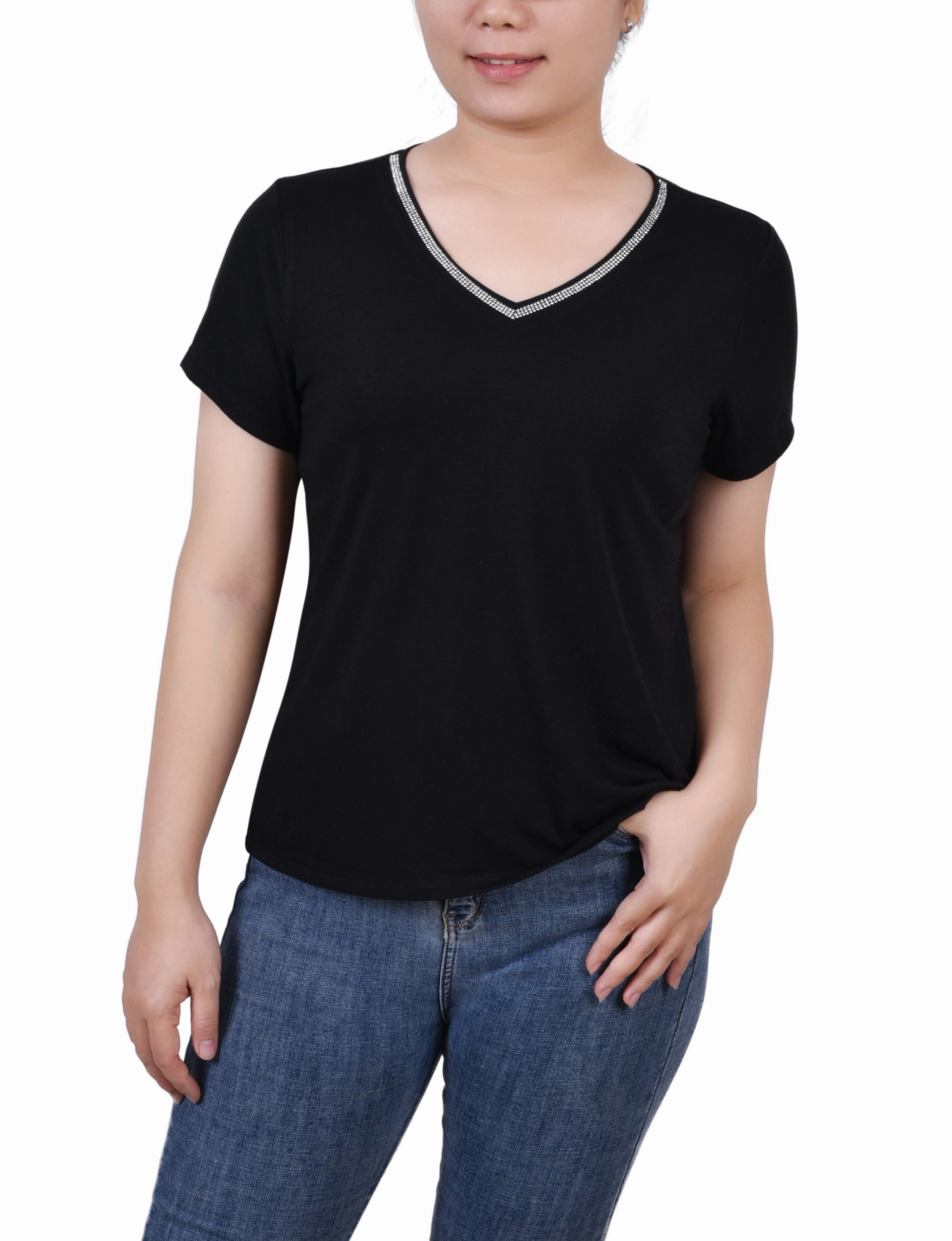 WeightedHem Petite Short Sleeve Top With Stone Details