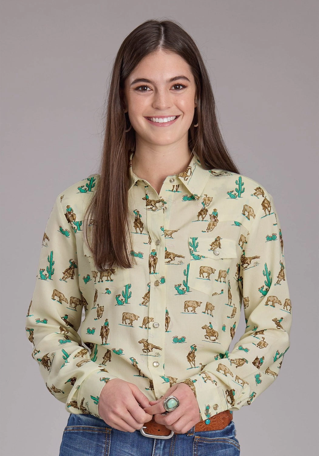 Roper Womens 2424 Printed Ropers Cream 100% Rayon L/S Shirt Local Favorite Petite Cut