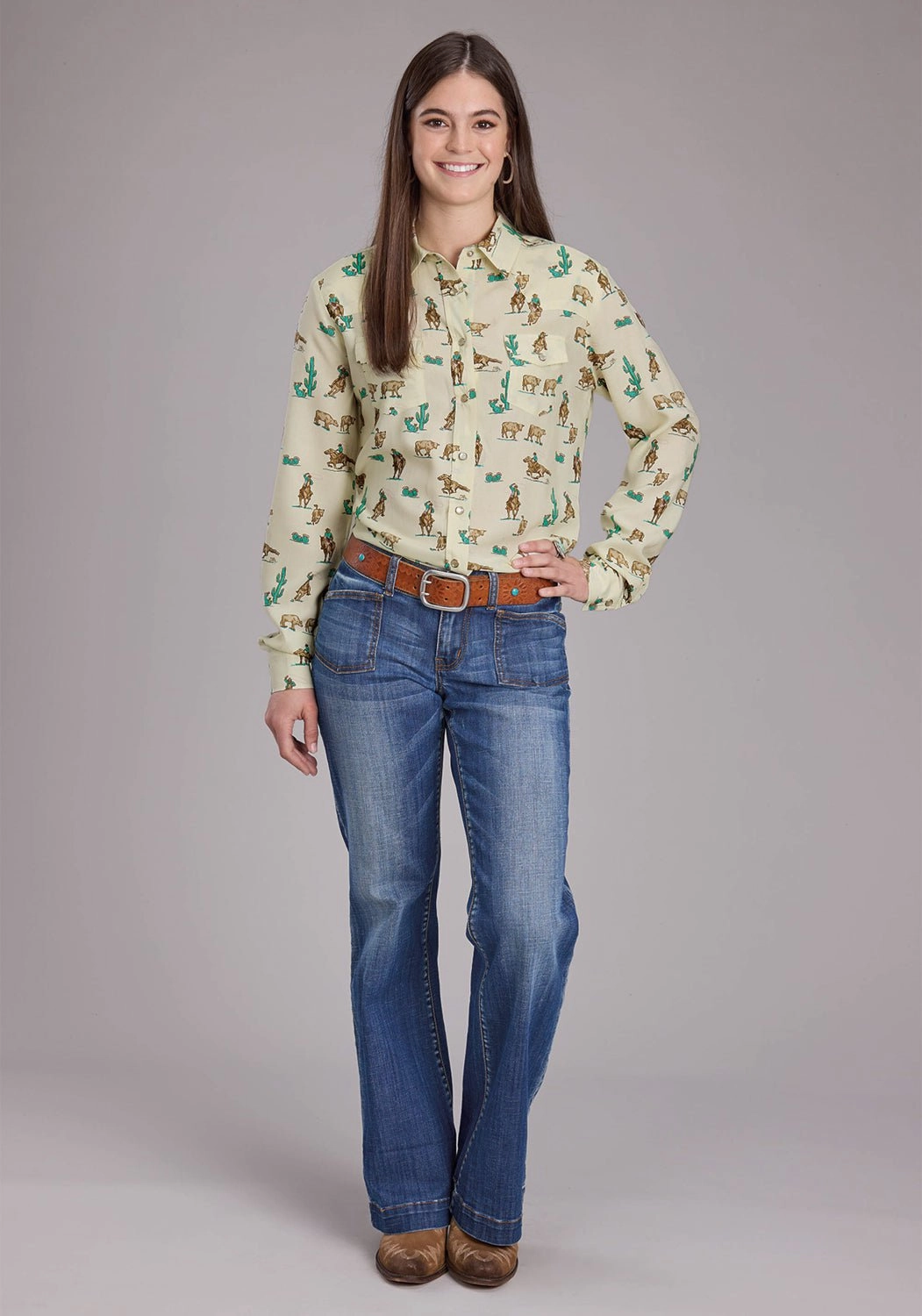 Roper Womens 2424 Printed Ropers Cream 100% Rayon L/S Shirt Nautical Look All-Purpose Wear