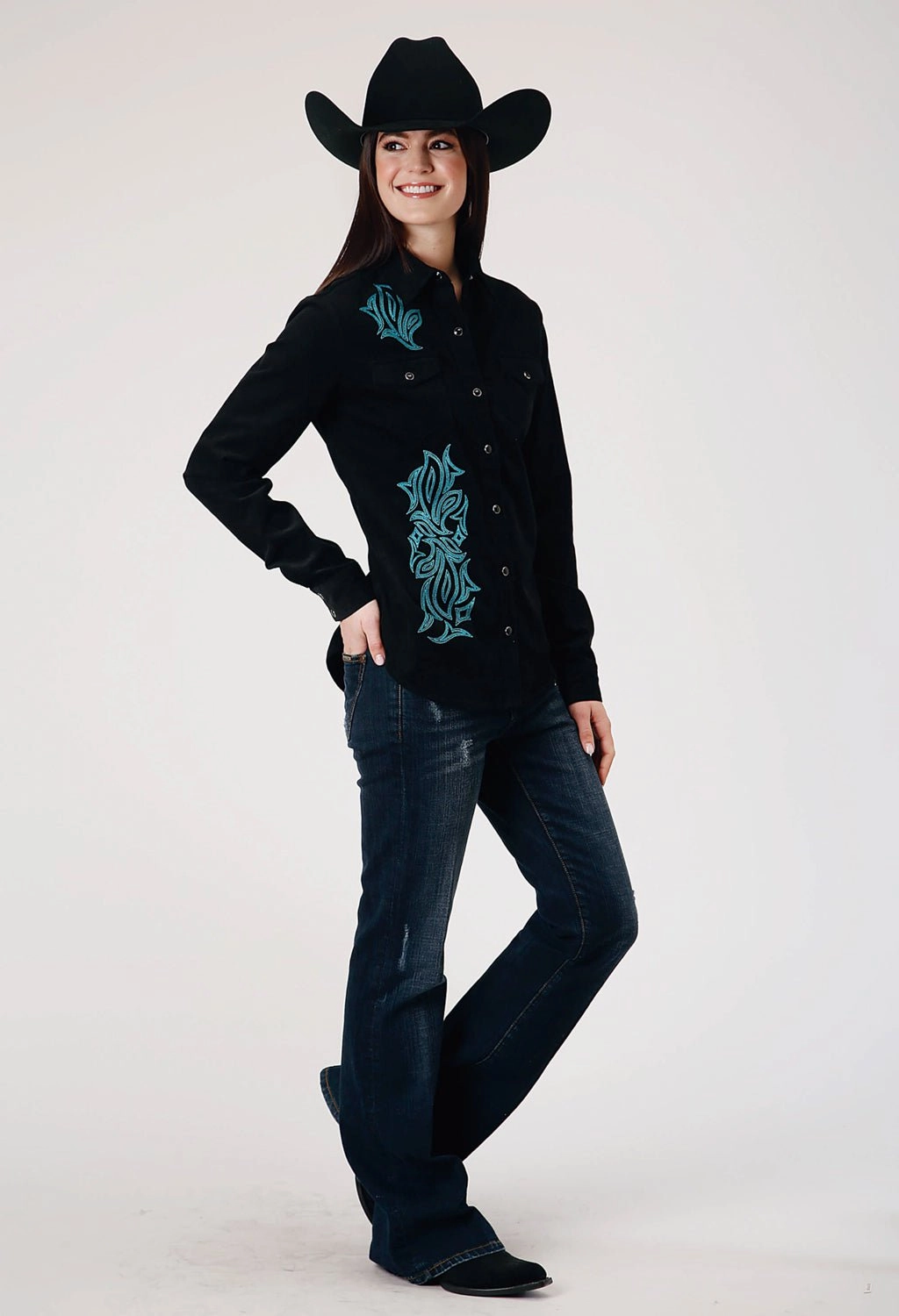 Checkered Style Handcrafted Detail Roper Womens Western Corduroy Jet Black 100% Cotton L/S Shirt