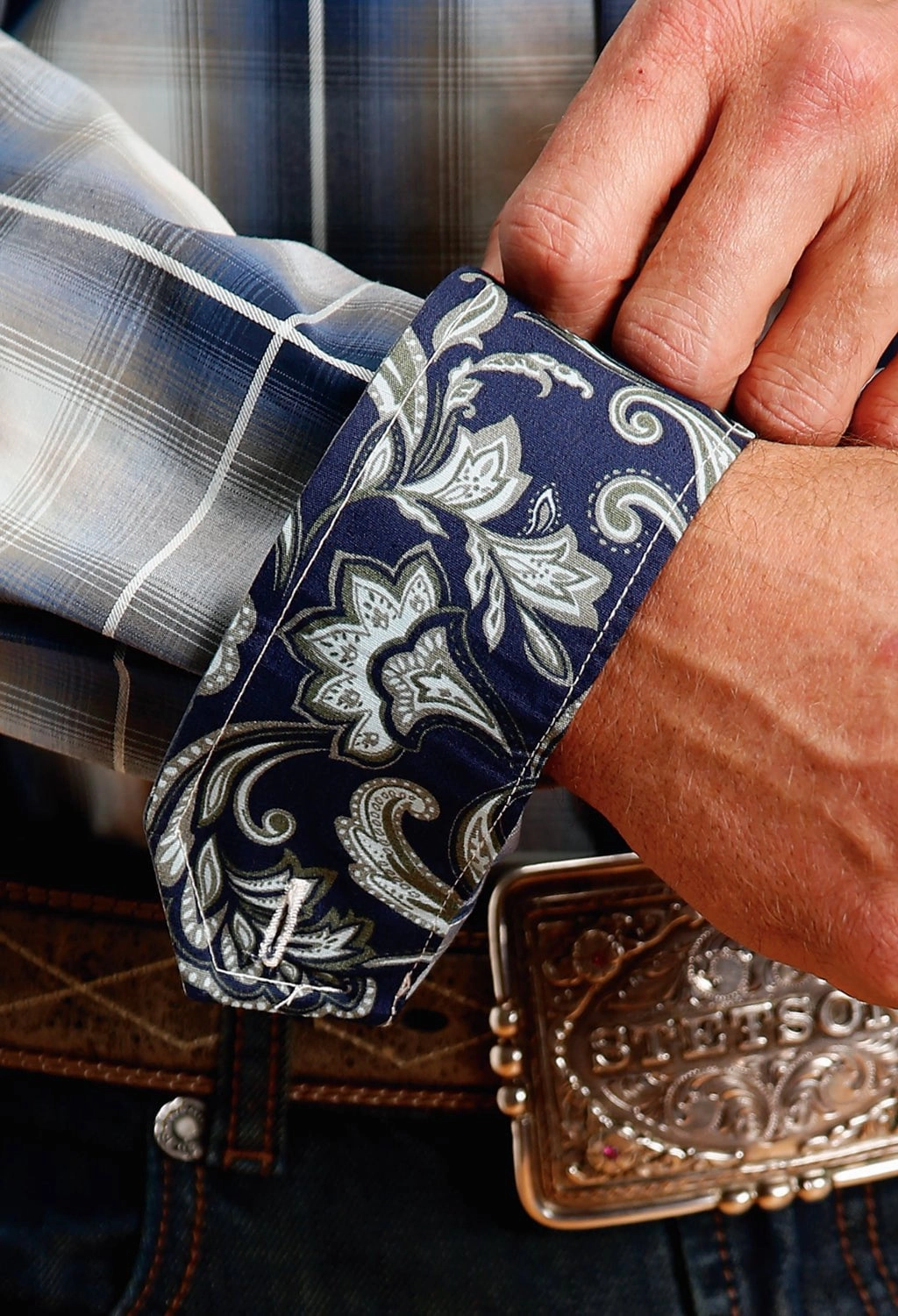 family gathering Stetson Mens Crystal Plaid Blue 100% Cotton L/S Shirt