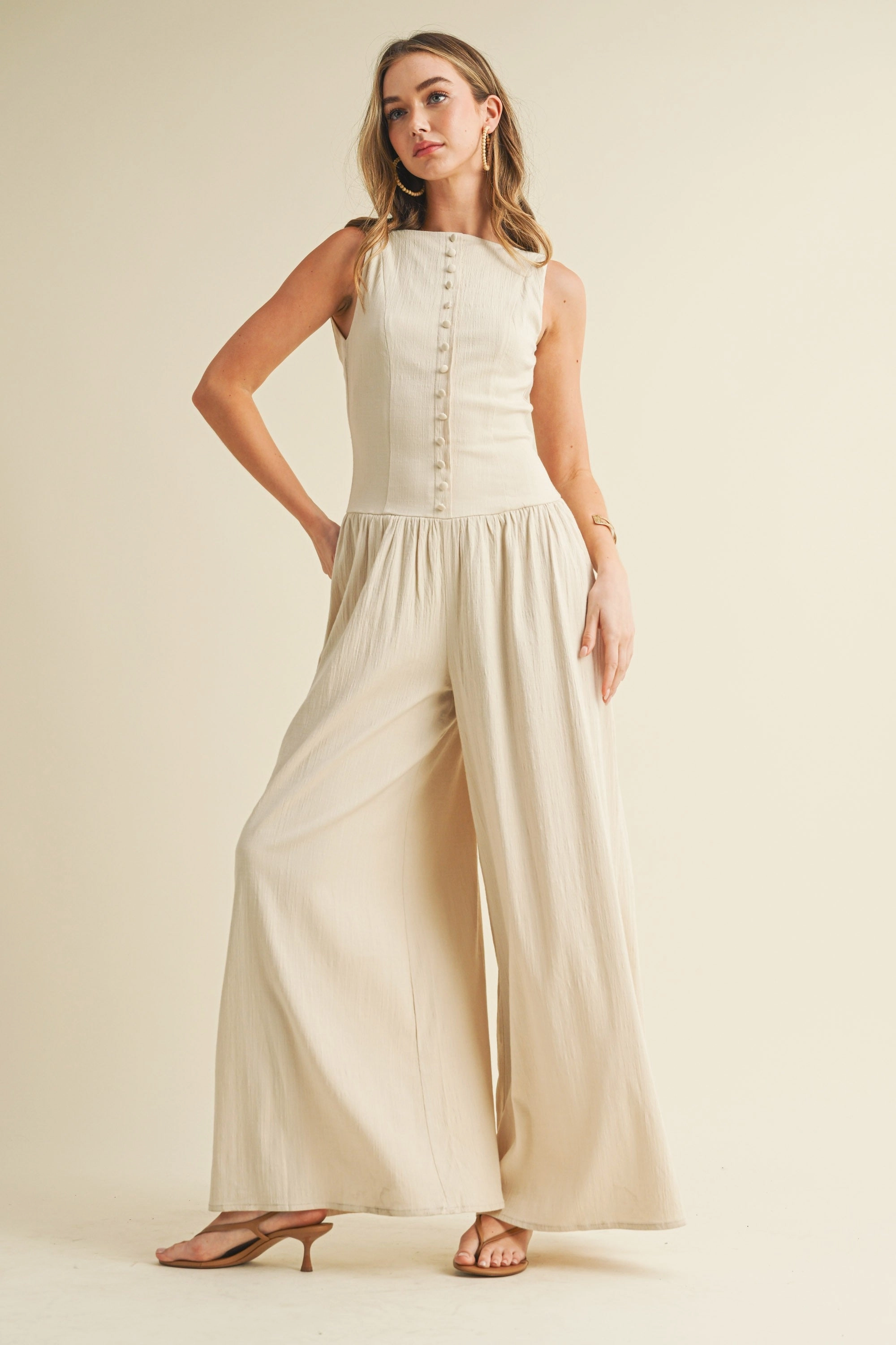 Fashion Layer FrayResistant Edging Linen Button Down Jumpsuit - Natural