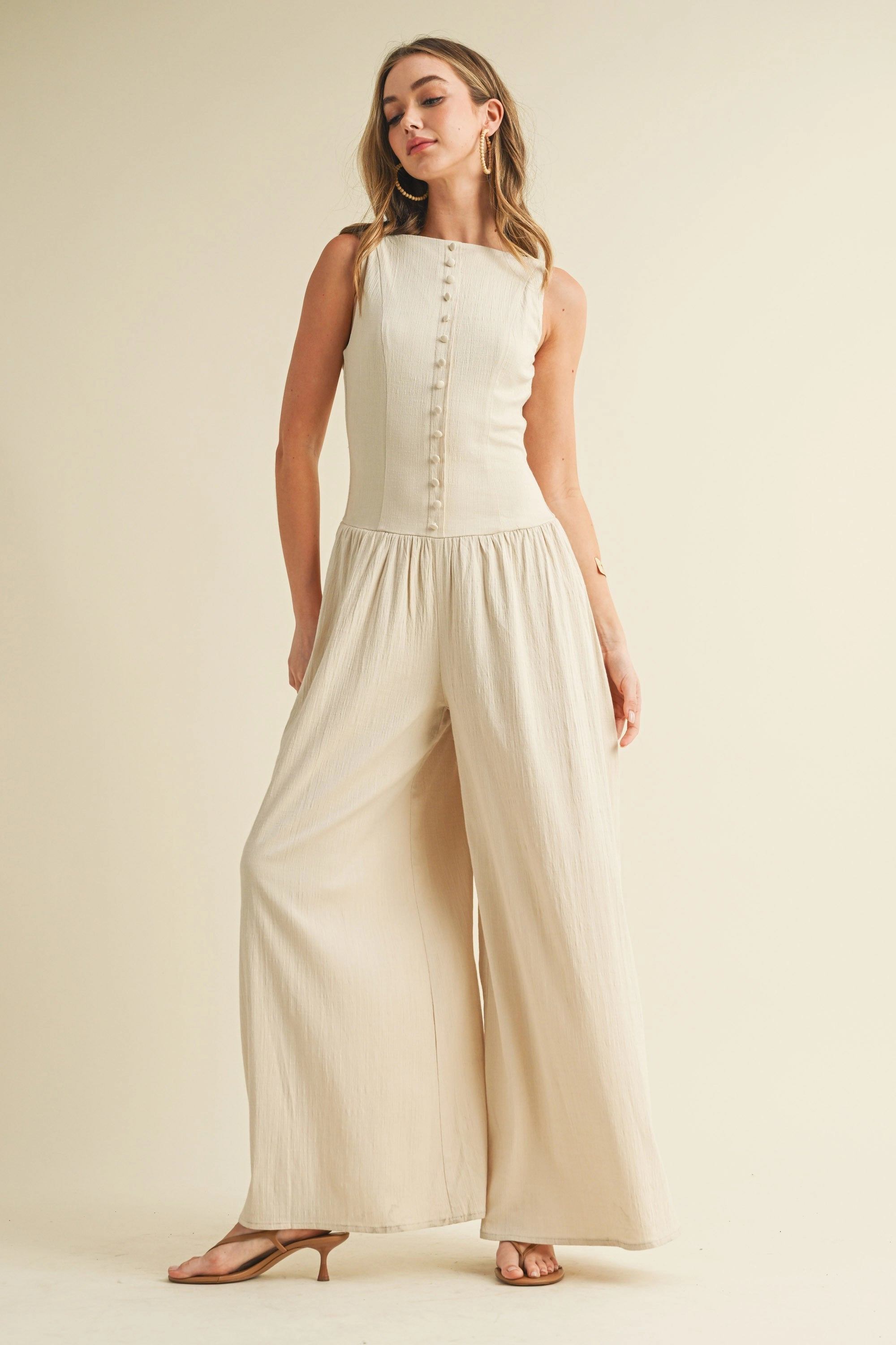 Linen Button Down Jumpsuit - Natural Hooded Knit Variation