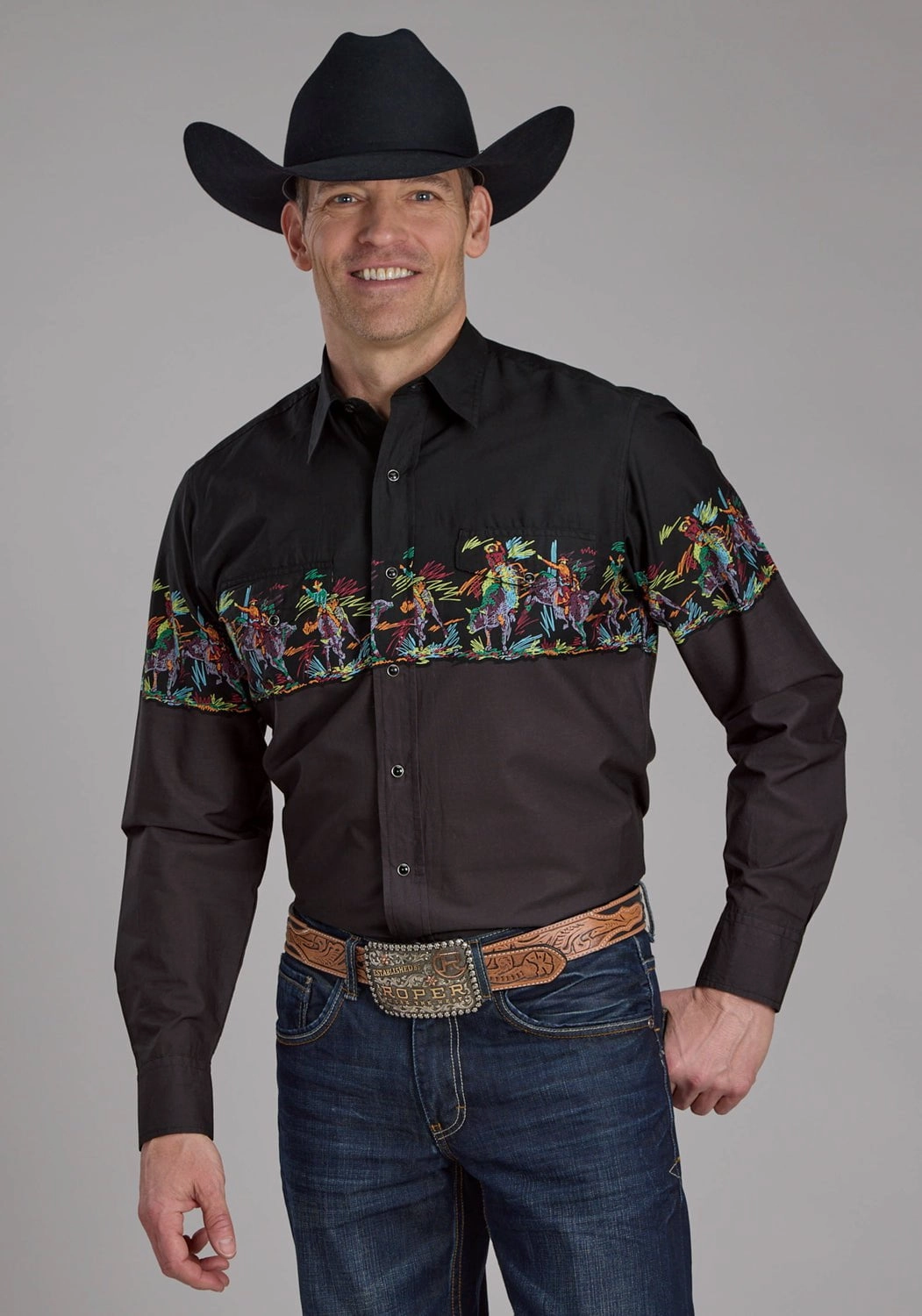 Roper Mens Scribble Bullriders Black 100% Cotton L/S Shirt Unstructured Shoulder
