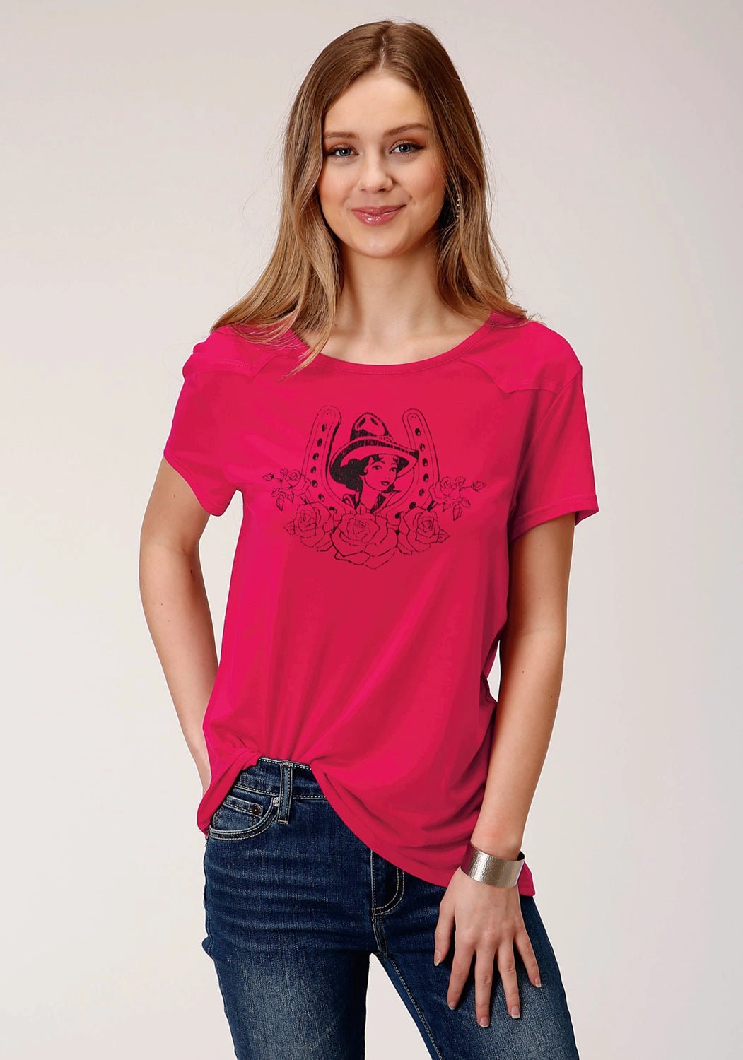 Roper Womens Red Poly/Rayon Horseshoe S/S Cowgirl T-Shirt Solid Hue