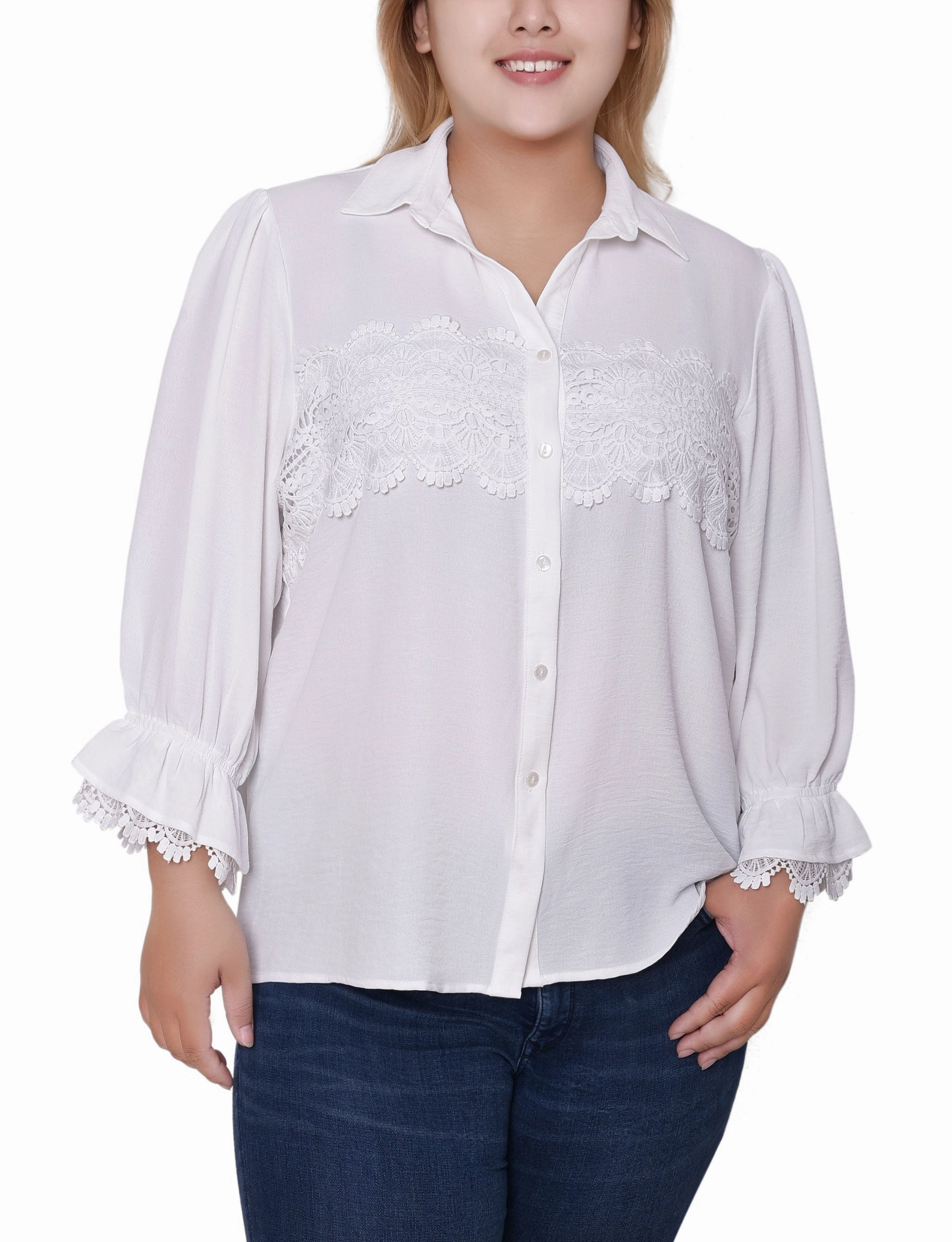 Plus Size 3/4 Sleeve Blouse With Lace Details Fleece Pullover