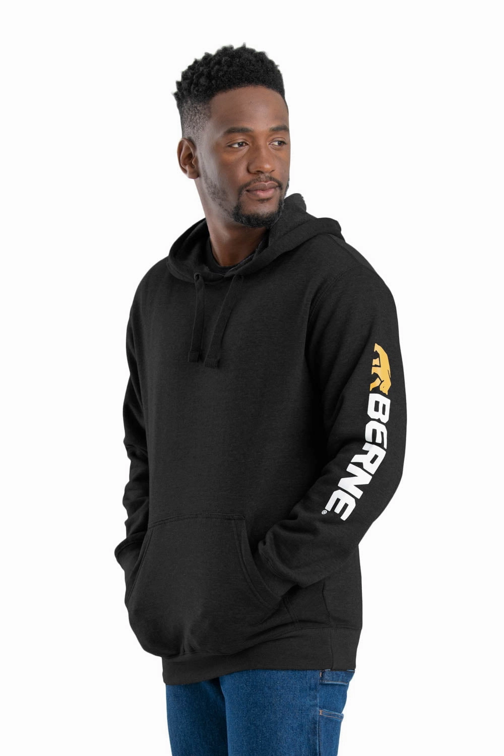 Berne Mens Black Cotton Blend Pullover Hooded Sweatshirt All Purpose Weave Design Subtle pattern