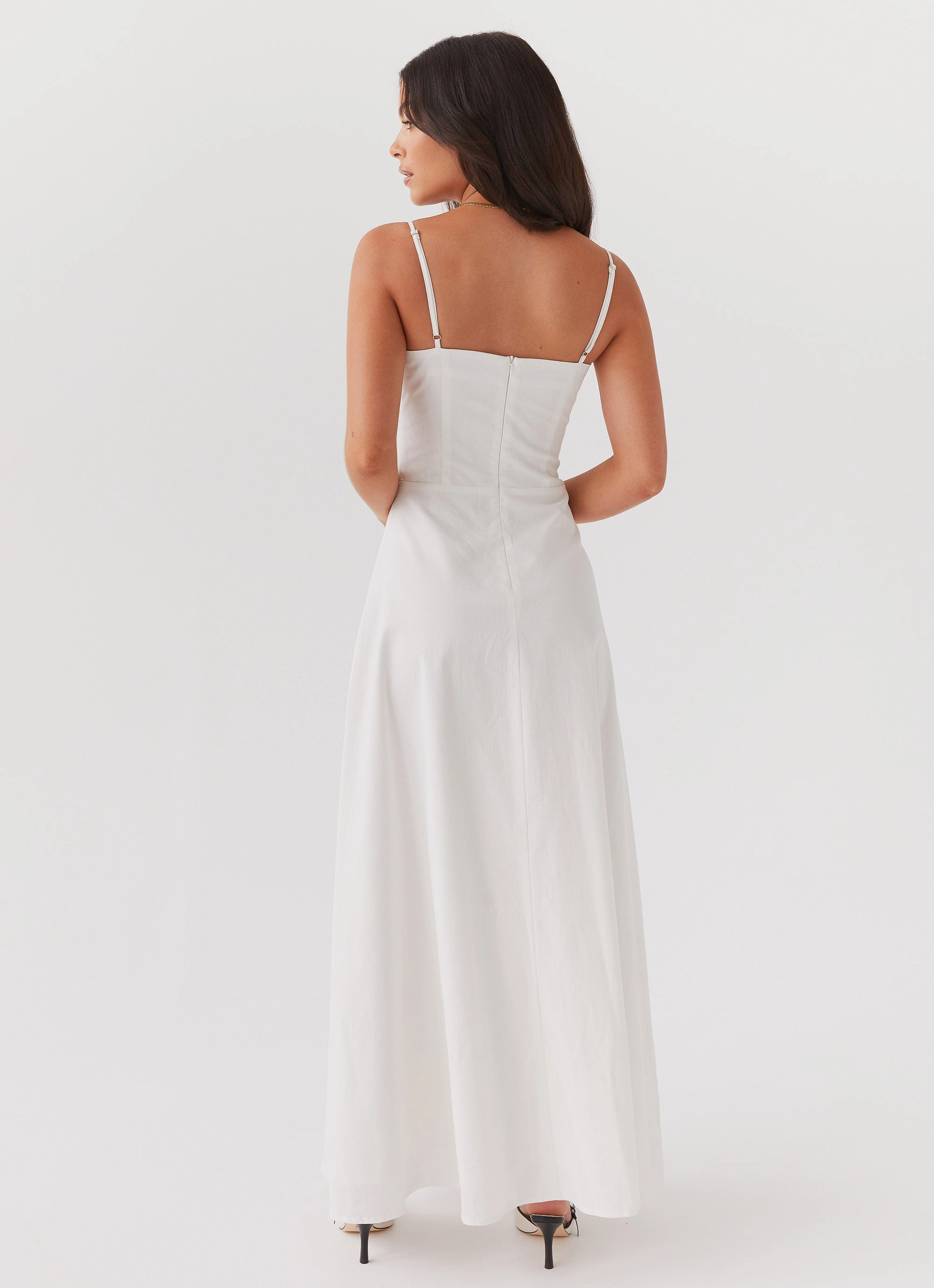 Shirred-Detail Smart and Stylish Angelina Linen Maxi Dress - White