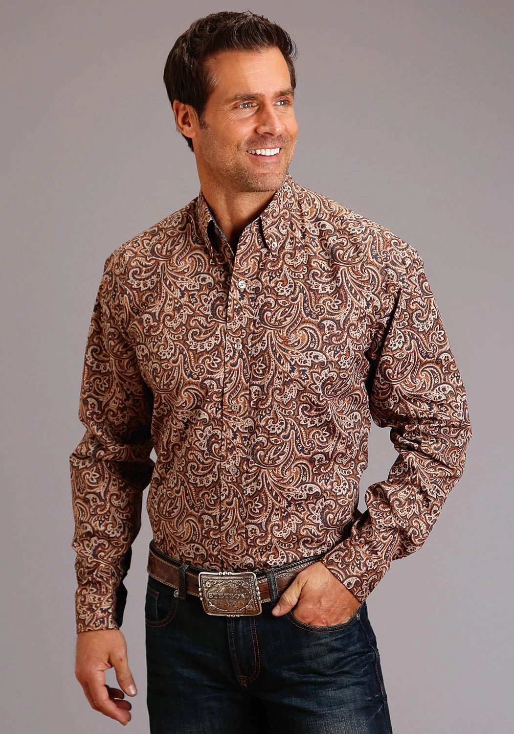 Stetson Mens Brown 100% Cotton Leather Paisley BD L/S 1 Pocket Shirt Student Essential Rugged Style