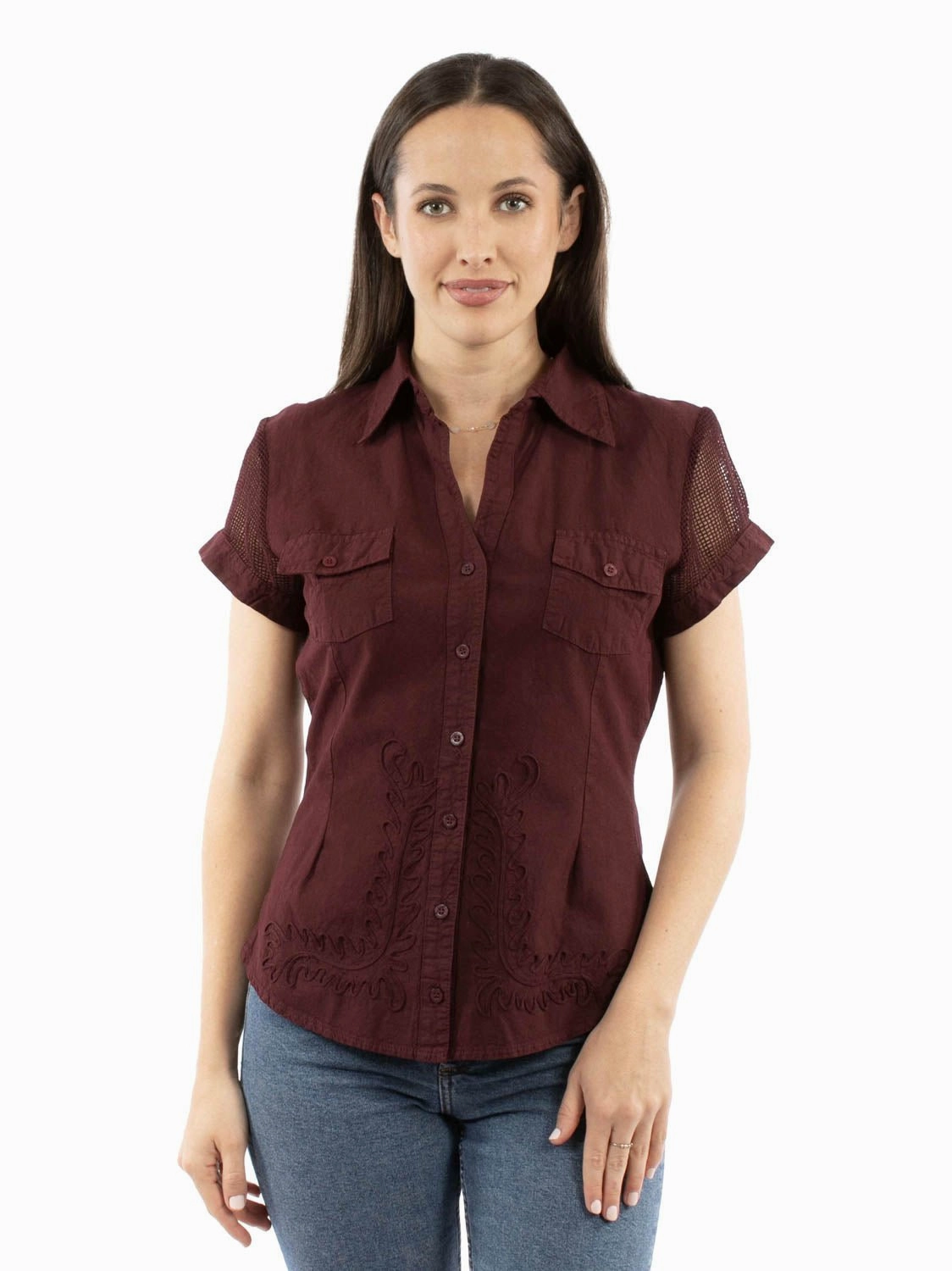 Asymmetrical Cut Anniversary Special Scully Womens Mesh Cantina Burgundy 100% Cotton S/S Shirt