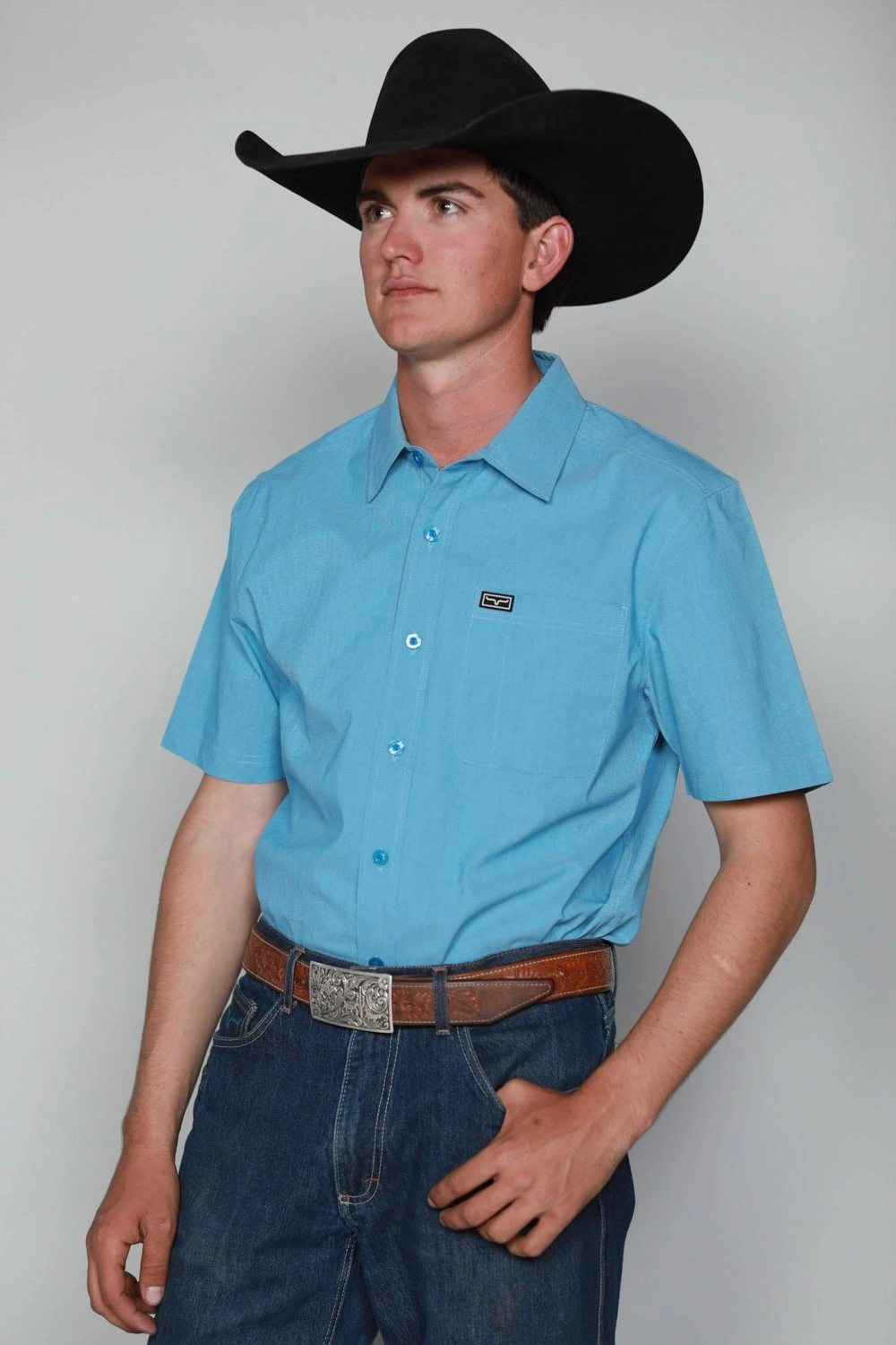 Kimes Ranch Mens Linville Solid Shirt Mid Blue Cotton Blend S/S Lightweight texture Travel Essential