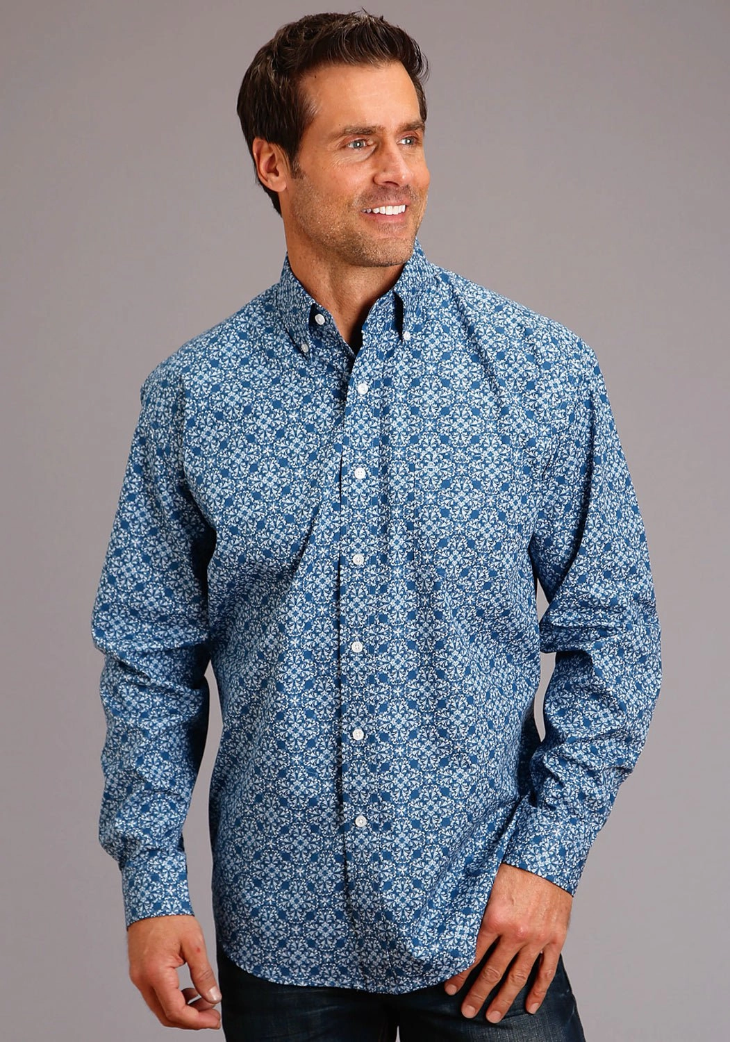 Urban Trend Stetson Mens Blue 100% Cotton Baroque BD L/S 1 Pocket Shirt