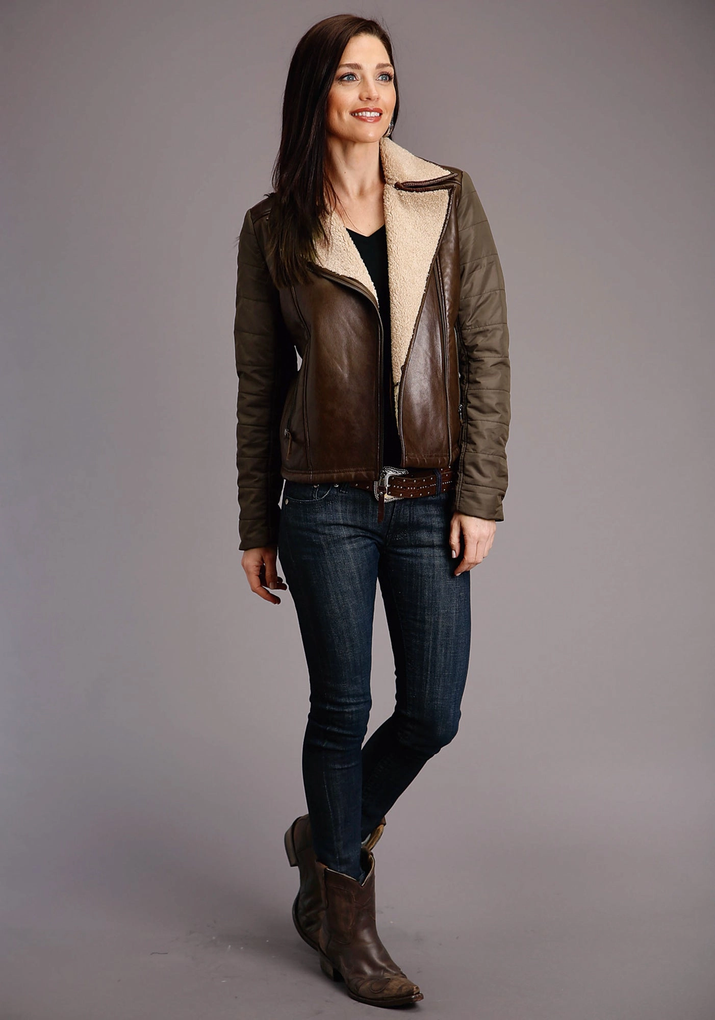 Stetson Womens Dark Brown Leather Motorcycle Jacket Minimal Daily Fit Casual Fit Silhouette