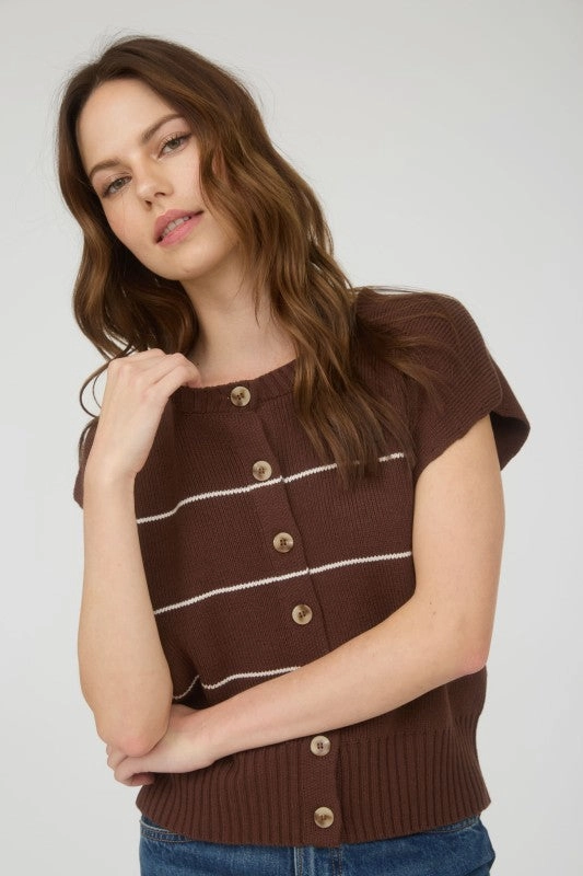 Ribbed Hem AntiBacterial Coating Amanda Stripe Button Down Short Sleeve Knit Cardigan