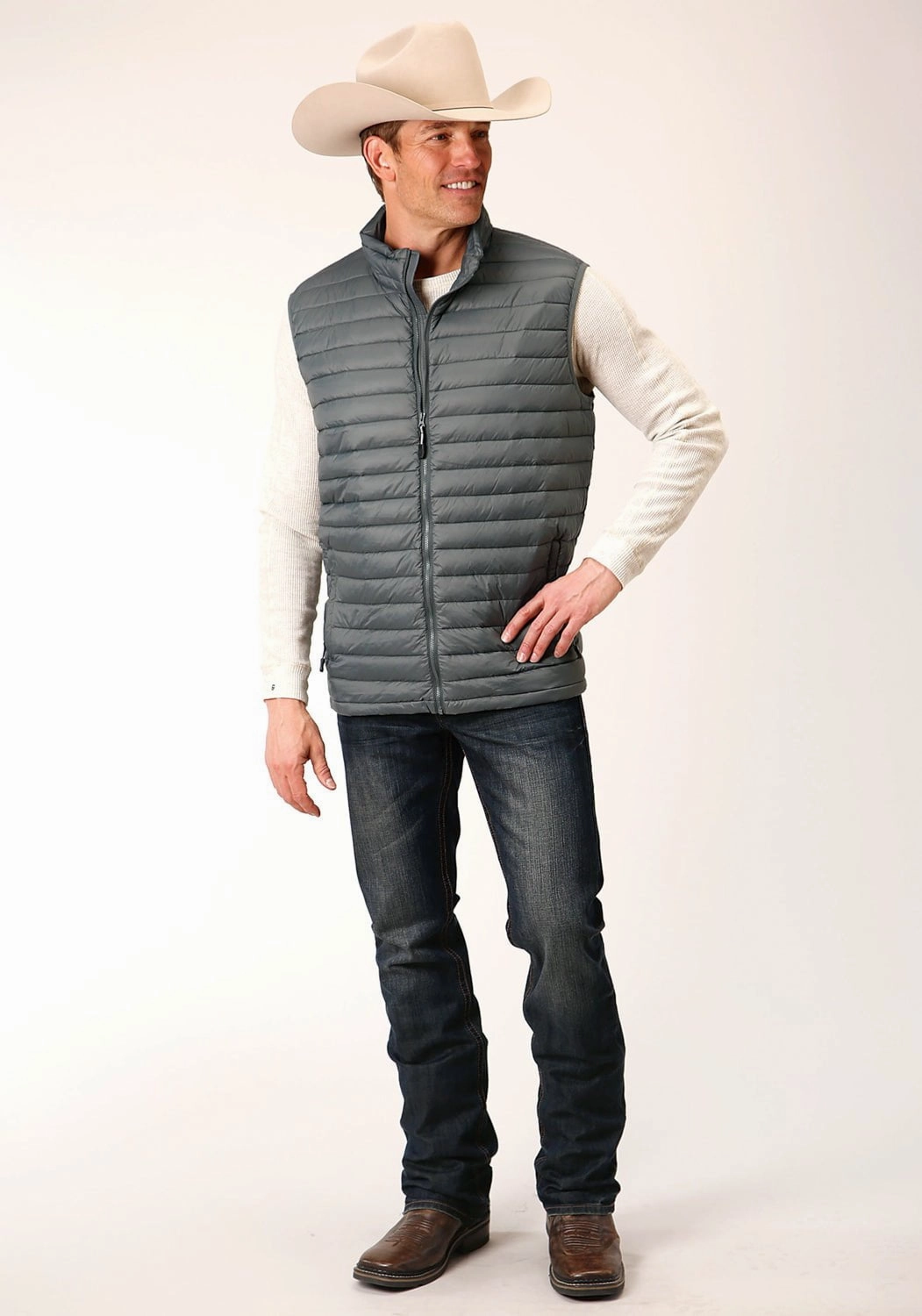 Packable Feature WaterResistant Coating Roper Mens Down Coated Silver Sage 100% Nylon Softshell Vest