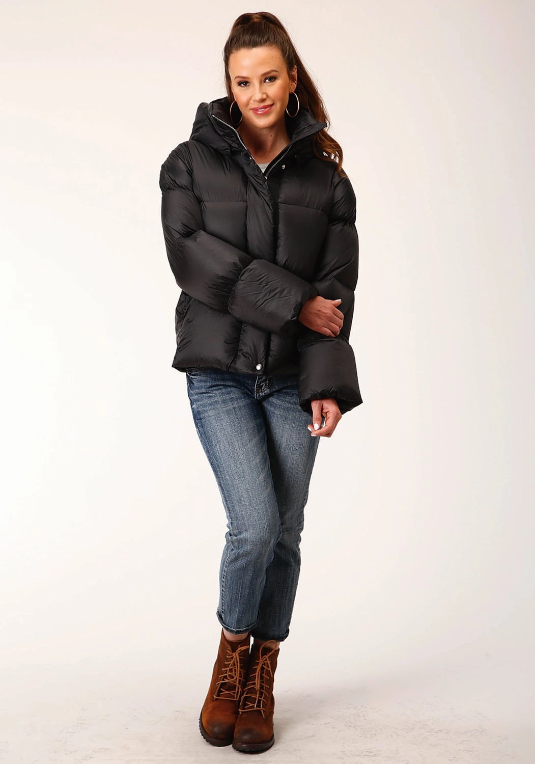 Roper Womens Hooded Puffer Black 100% Nylon Softshell Jacket Buttery Soft Handfeel