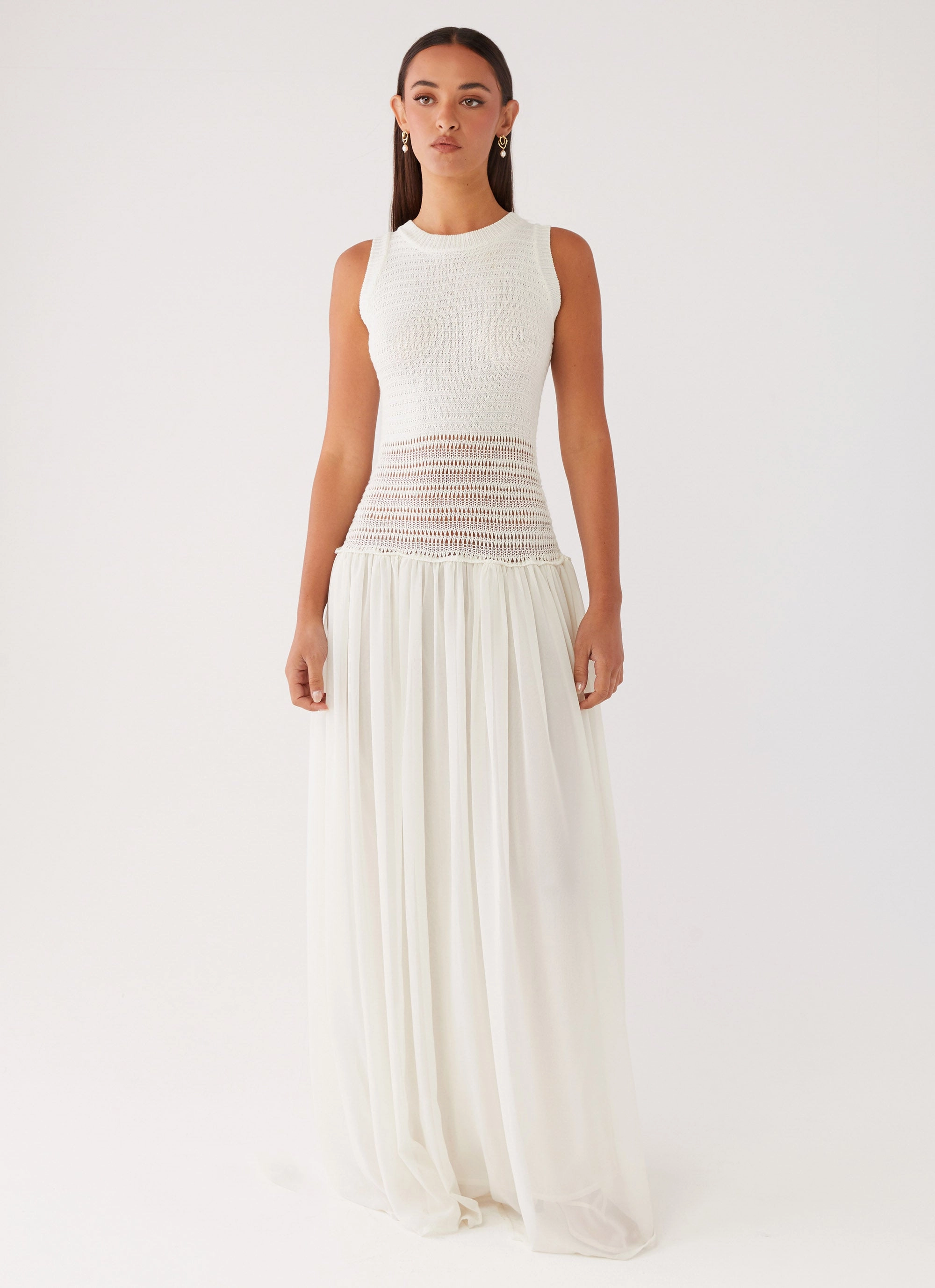 Slim Tailored Off Grid Crochet Maxi Dress - White