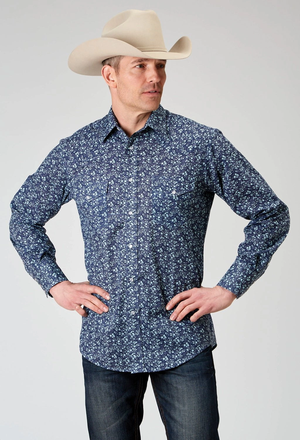 Roper Mens Ditsy Floral Tall Blue Cotton Blend L/S Shirt Water Repellent Finish Tall friendly