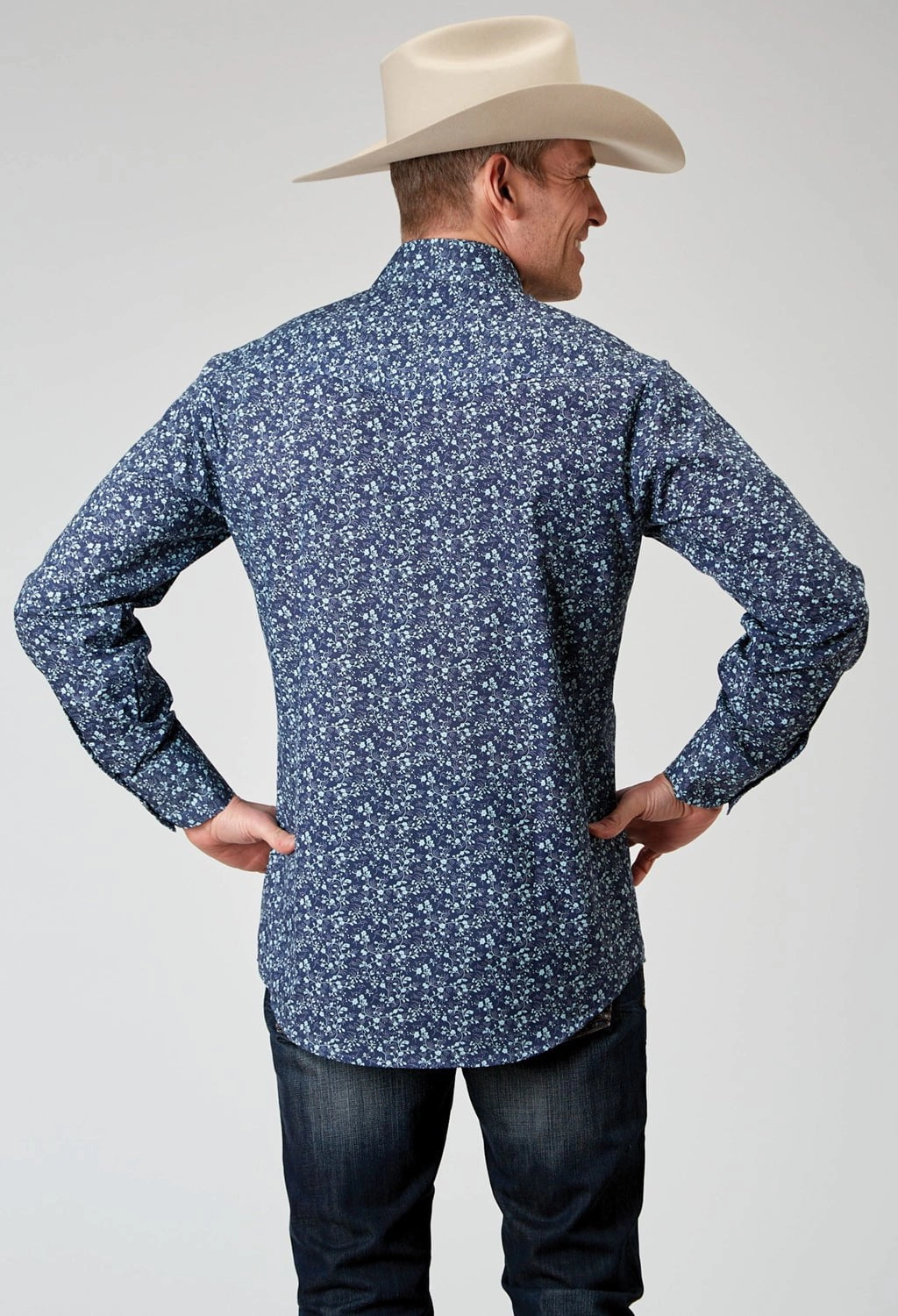 Fitted Cut Functional Pocket Roper Mens Ditsy Floral Tall Blue Cotton Blend L/S Shirt