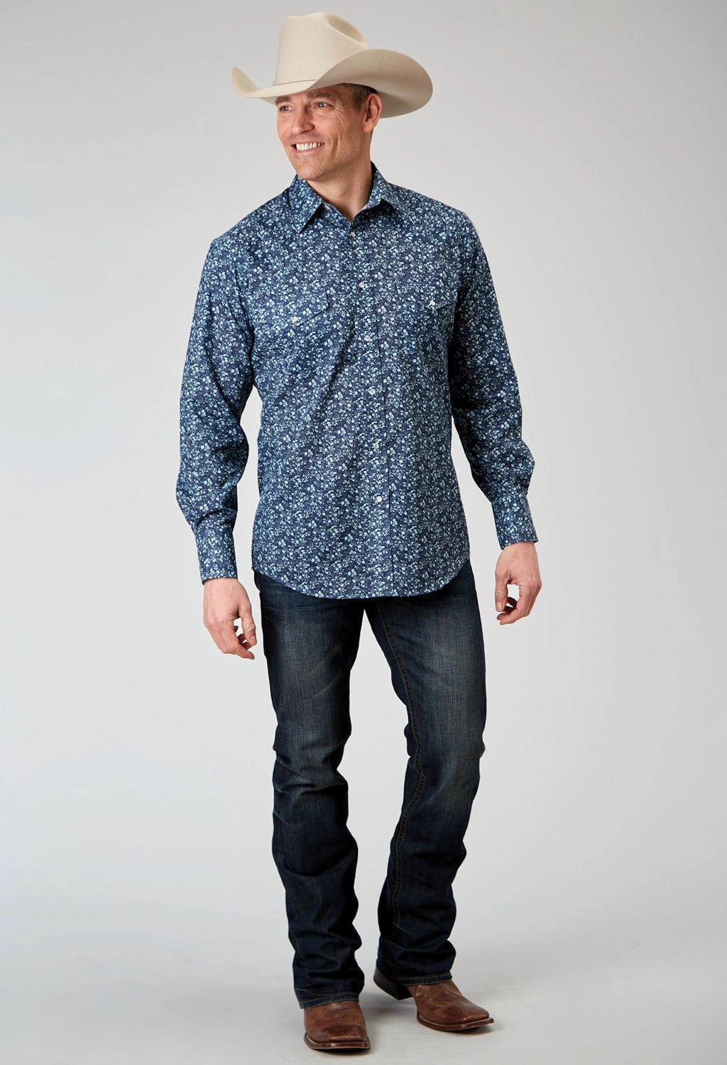 Roper Mens Ditsy Floral Tall Blue Cotton Blend L/S Shirt Athleisure Wear