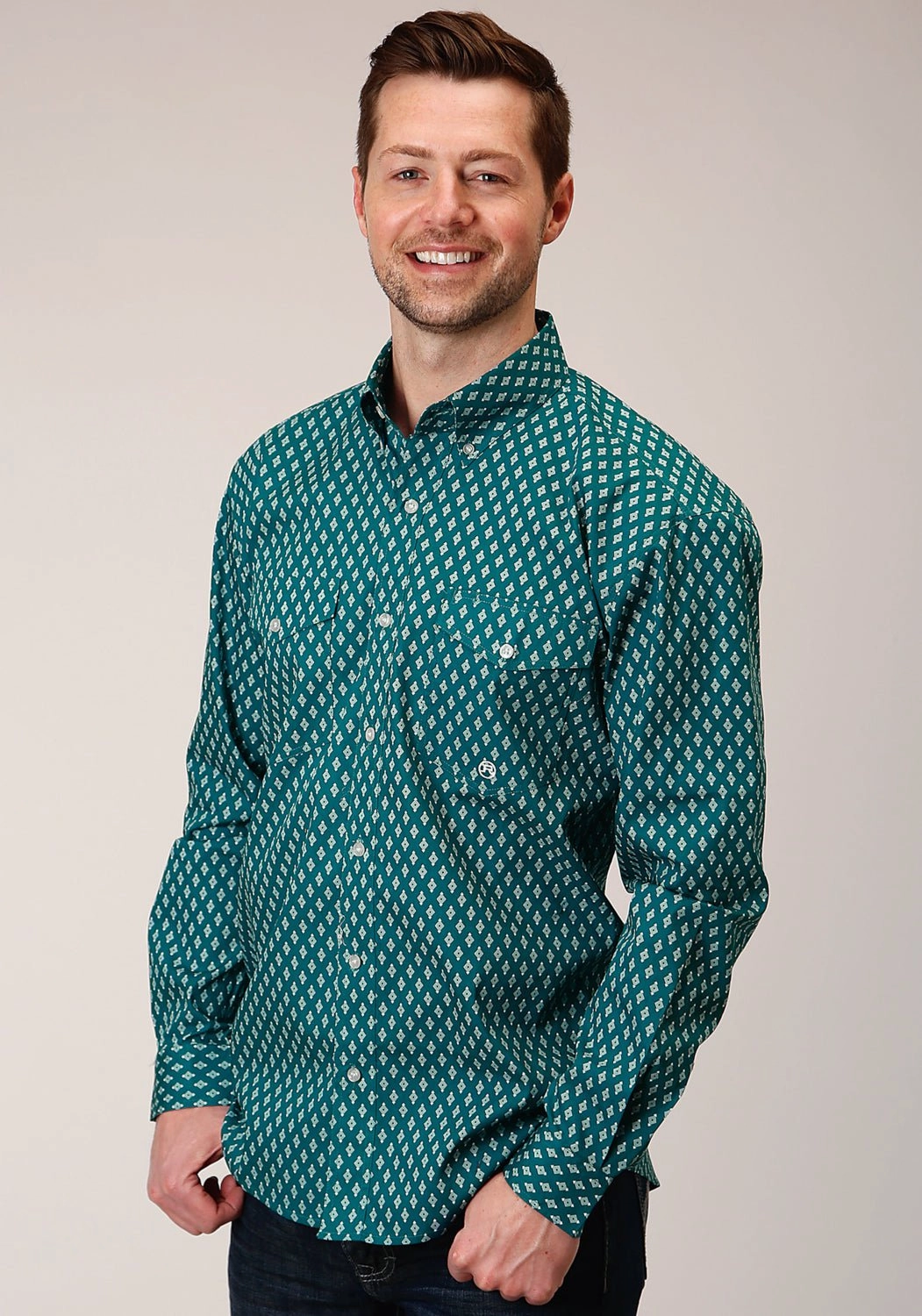 Comfortable Fabric Roper Mens Teal 100% Cotton Point Diamonds BD L/S Btn Shirt