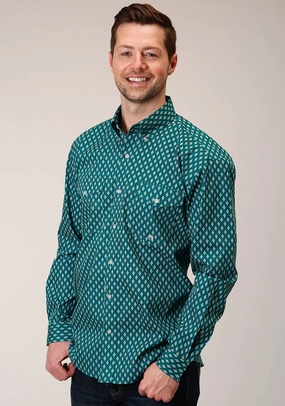 Roper Mens Teal 100% Cotton Point Diamonds BD L/S Btn Shirt Exclusive Collection Floral Motif