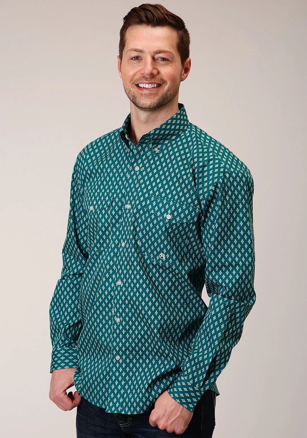 Roper Mens Teal 100% Cotton Point Diamonds BD L/S Btn Shirt Exclusive Collection Floral Motif