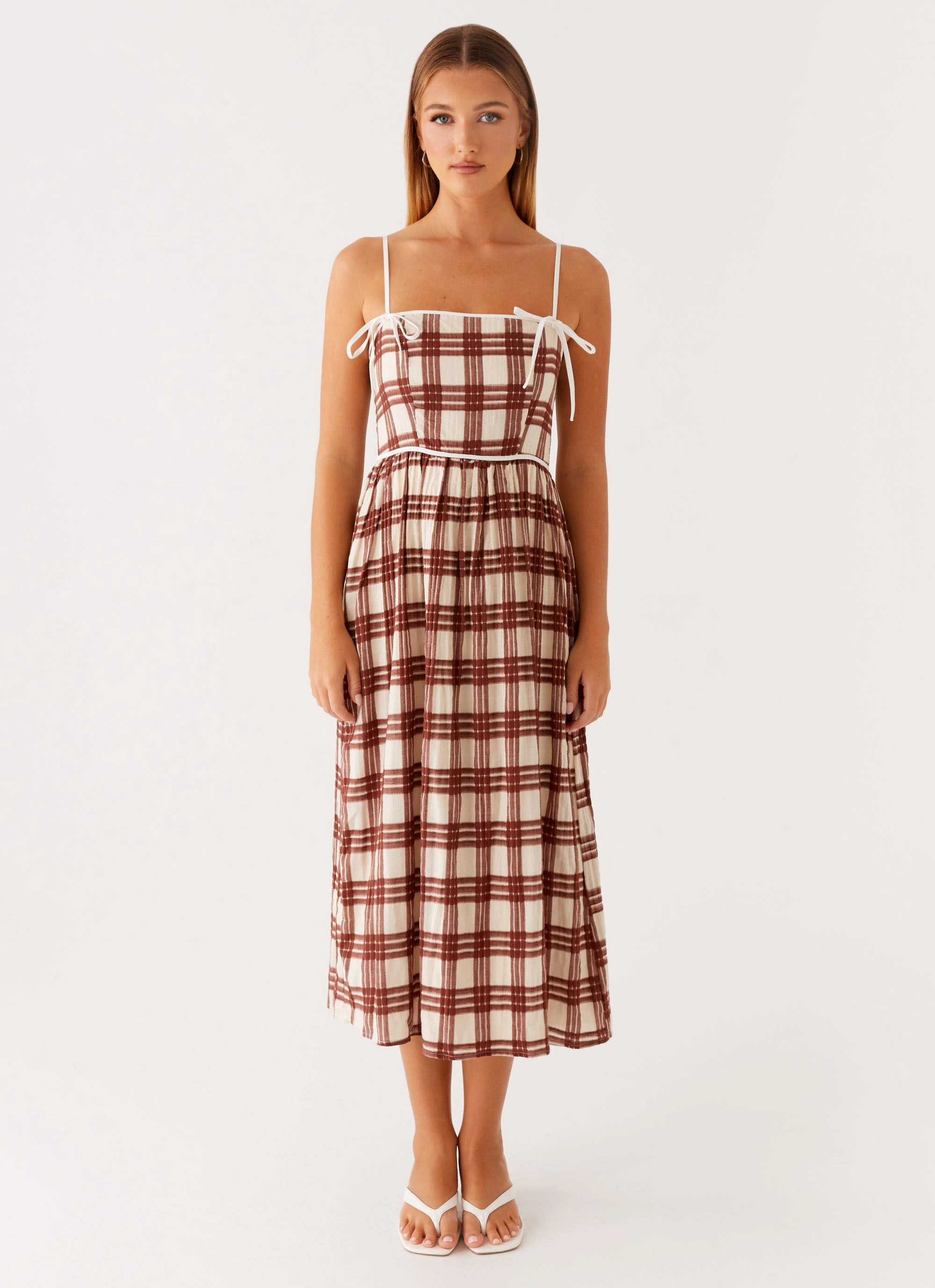 Shyanne Midi Dress - Chocolate Check Halter neck Feminine Structure