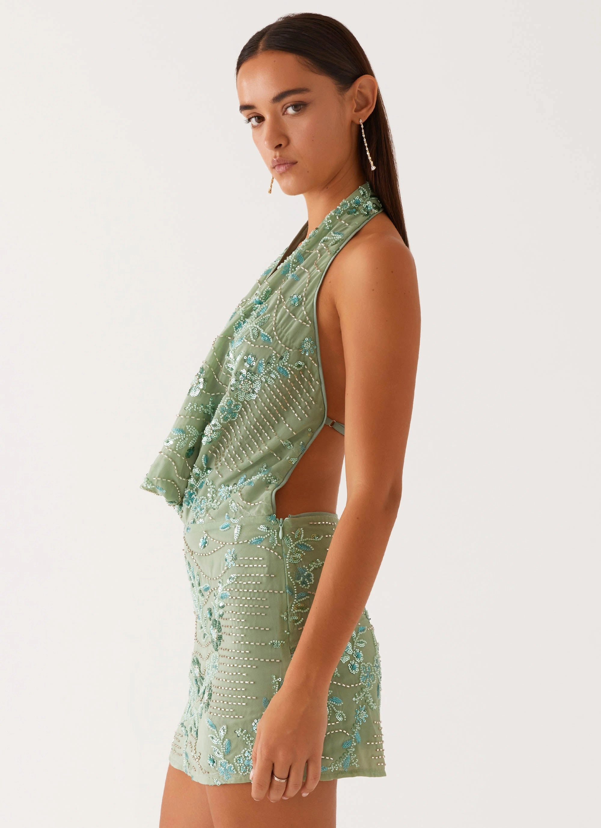Olisa Cowl Neck Beaded Mini Dress - Mint Tie-Detail Everyday Flow