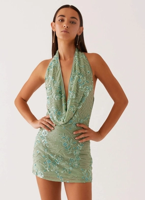 Olisa Cowl Neck Beaded Mini Dress - Mint Sheer Overlay