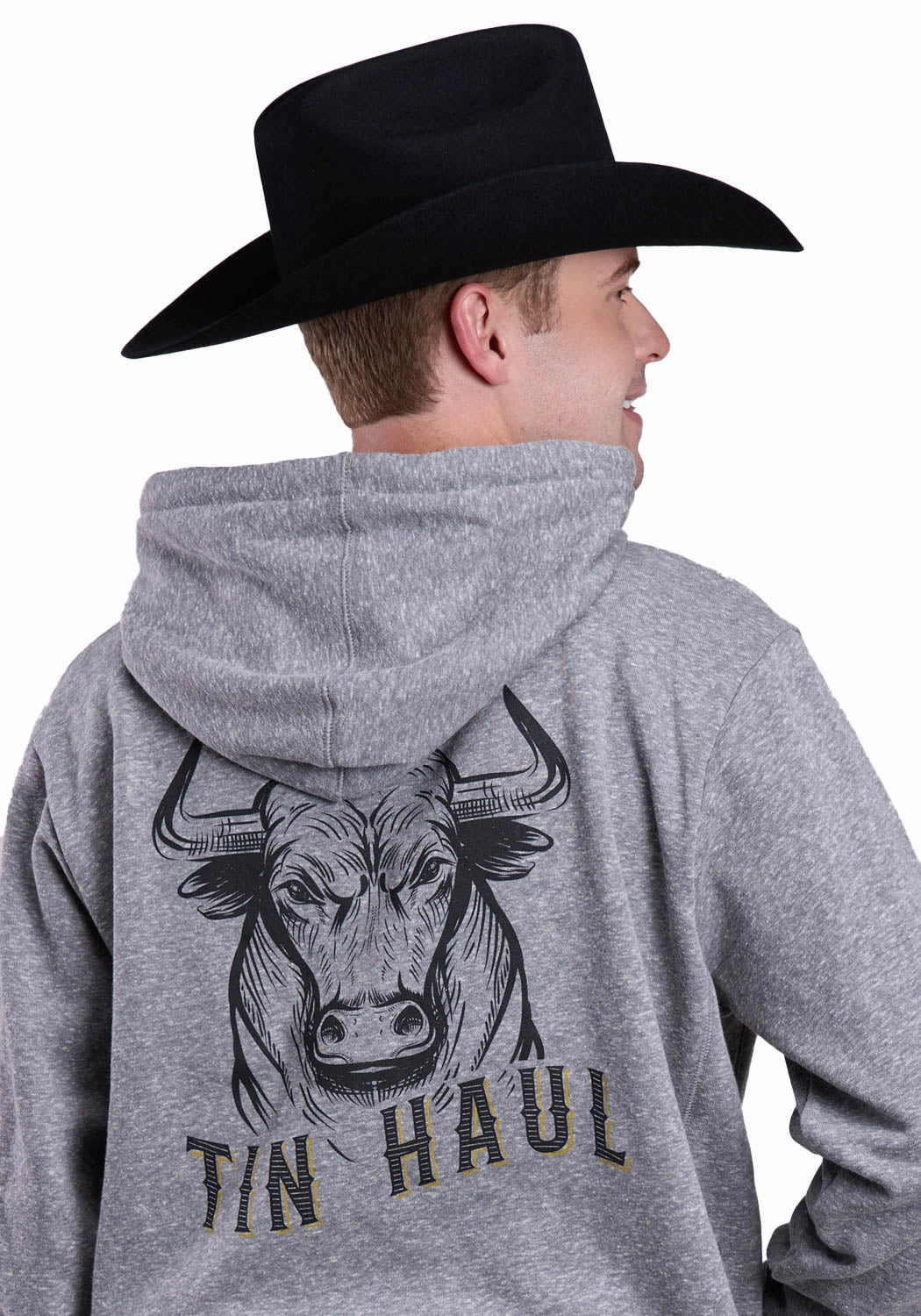 Tin Haul Mens Bold Bull Grey Cotton Blend Hoodie Sustainable Recycled Material Cozy Hood Detail