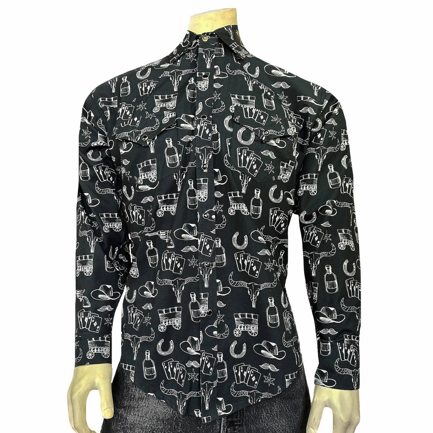 Rockmount Mens Hat and Horseshoe Cards Black 100% Cotton L/S Shirt Team Building Bold Hue