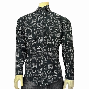 Business casual Durable Construction Rockmount Mens Hat and Horseshoe Cards Black 100% Cotton L/S Shirt