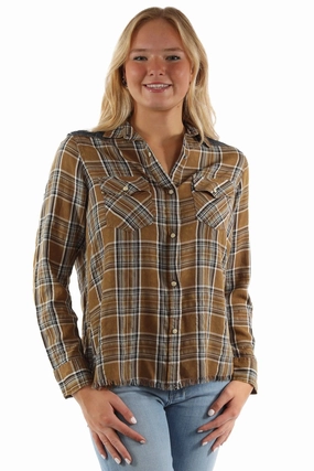 Premium Quality Scully Womens Airy Plaid Yokes Brown Rayon Blend L/S Shirt