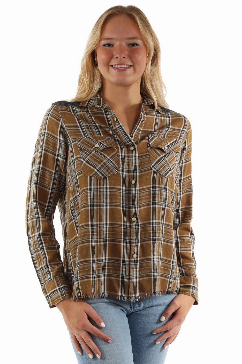 Premium Quality Scully Womens Airy Plaid Yokes Brown Rayon Blend L/S Shirt