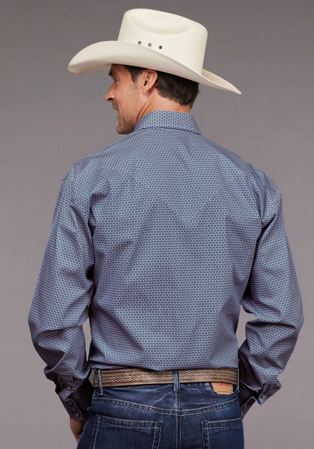 Sustainable Dye Process Odor Control Fabric Stetson Mens 2030 Diamond Neat Blue 100% Cotton L/S Shirt