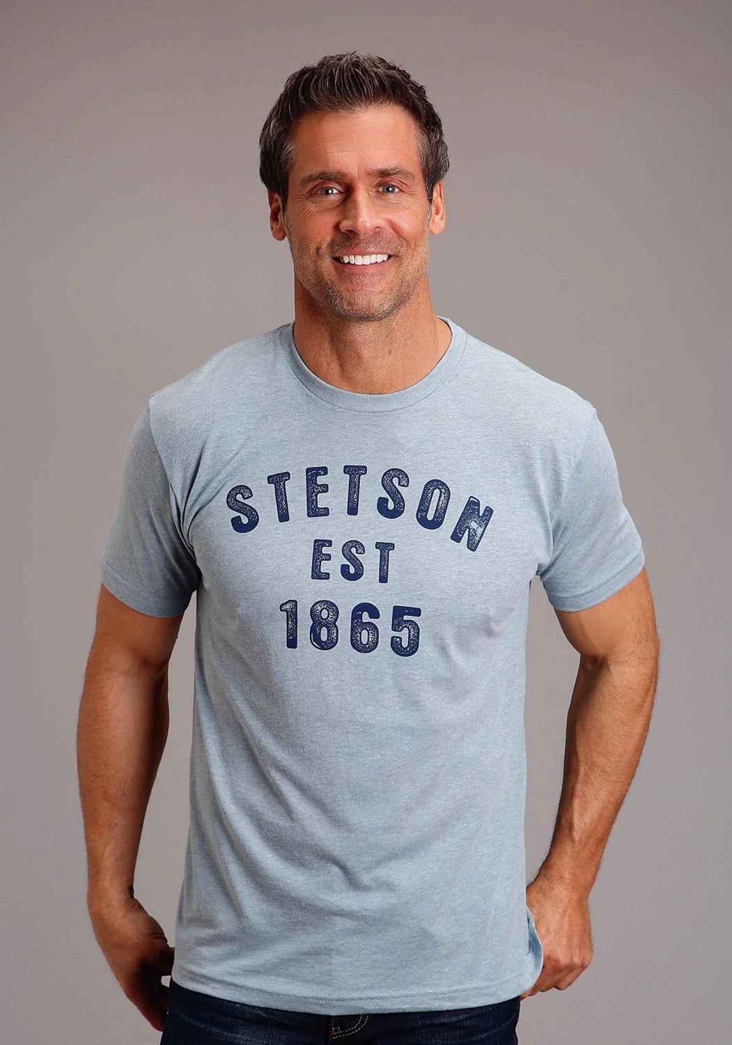 Non Iron Fabric Sophisticated Elegance Stetson Mens Light Denim Cotton Blend Block Letters S/S T-Shirt