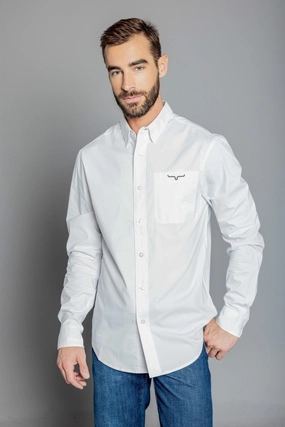 Adjustable Hem Floral Motif Kimes Ranch Mens Team Shirt White Cotton Blend L/S Shirt