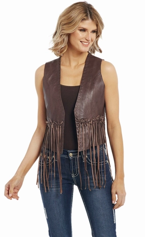 Cozy Chic Eco Conscious Manufacturing Cripple Creek Womens Antique Brown Lamb Leather Knotted Fringe Vest
