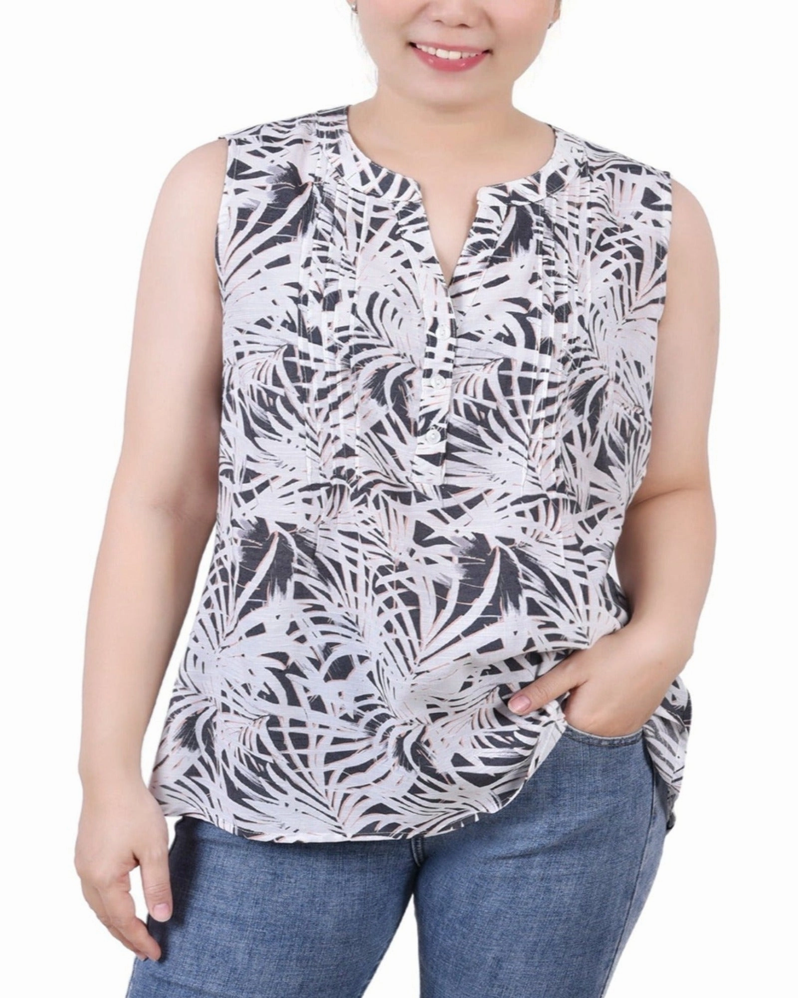 Petite Sleeveless Pintucked Blouse Roll Up Sleeve System