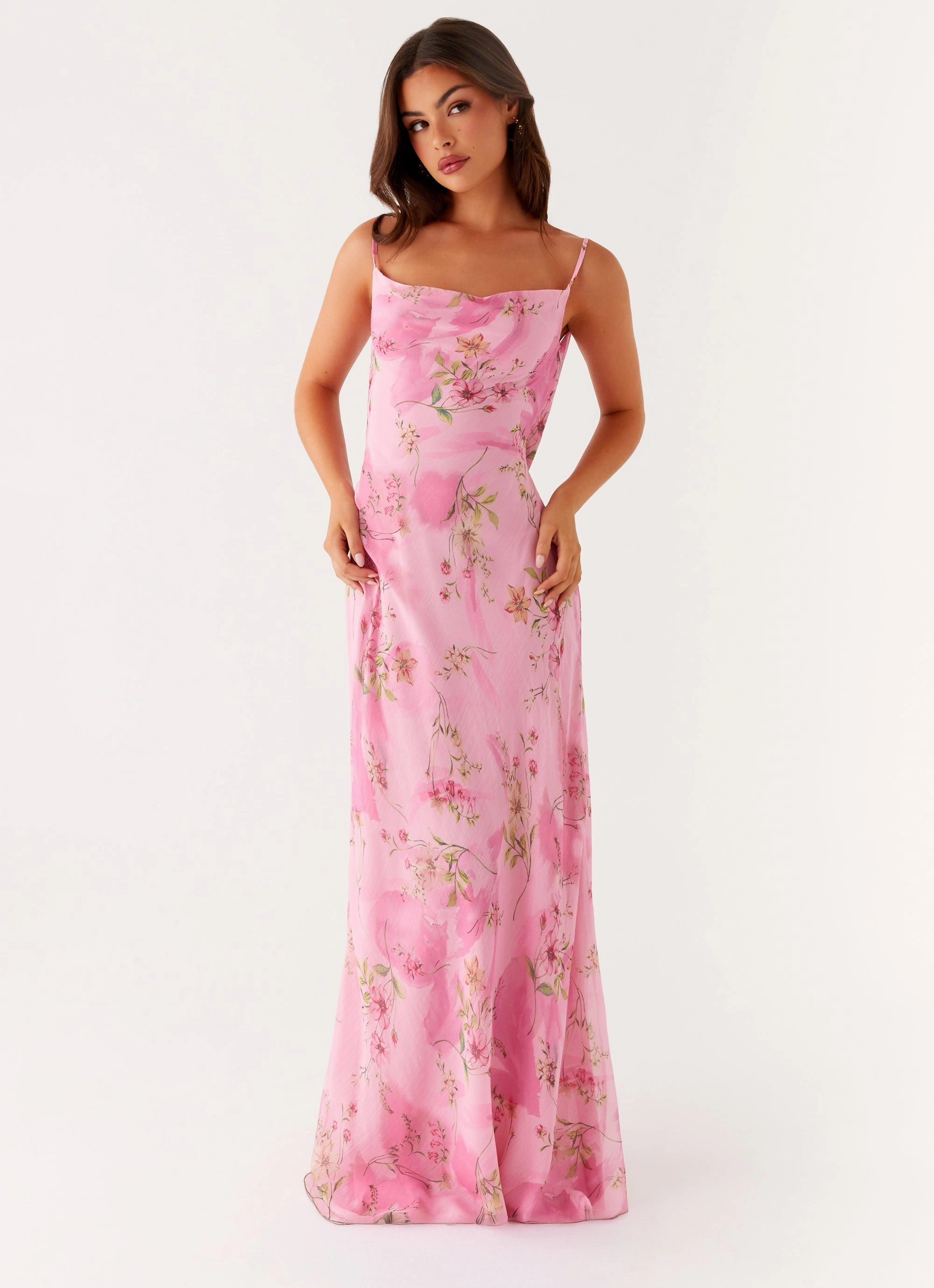 High Neck Coat Orlando Maxi Dress - Pink Floral Print