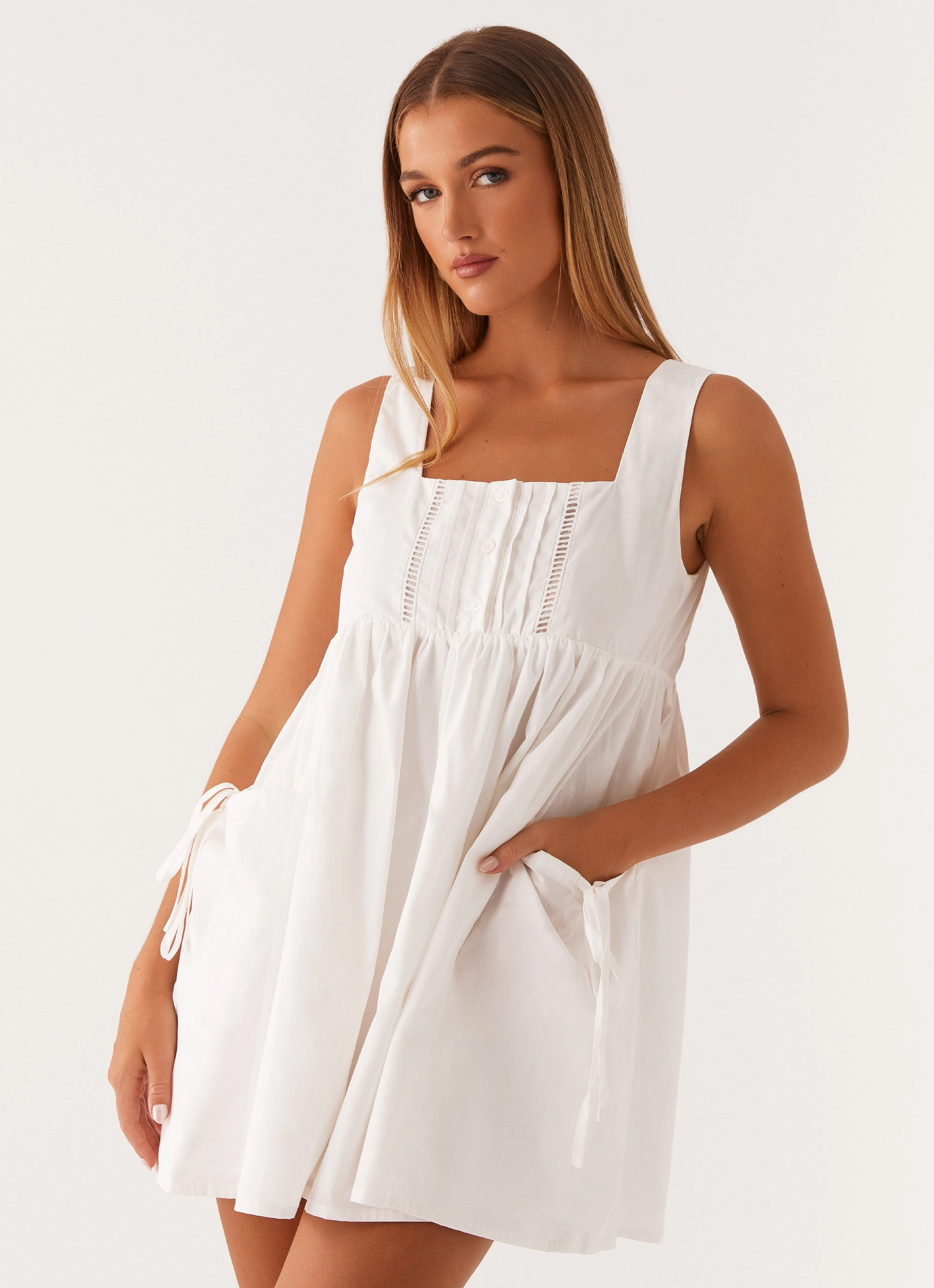 Ottoline Babydoll Mini Dress - White Dressy Yet Comfortable
