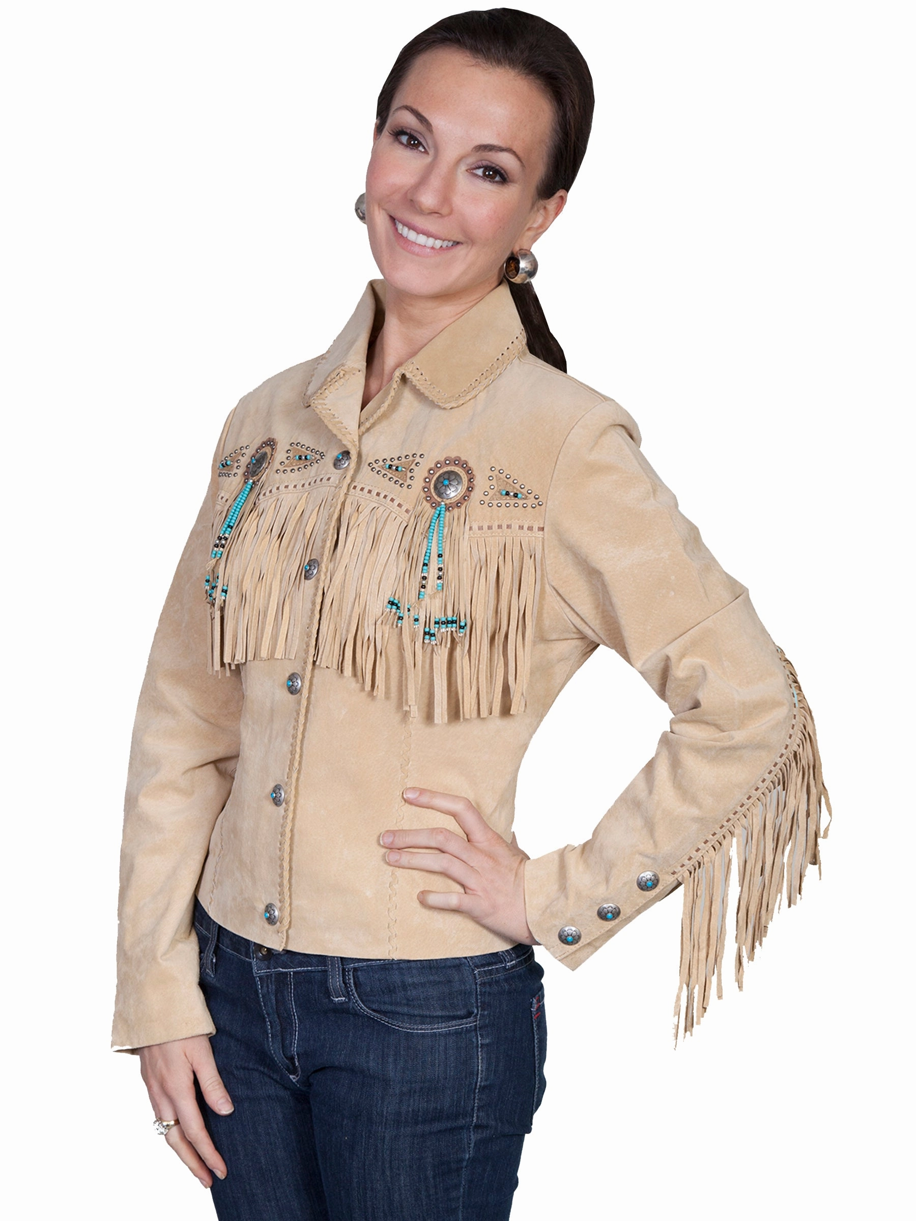 Scully Leather Womens Beaded Fringe Conchos Boar Suede Jacket Chamois Weather Smart Look Smart Design