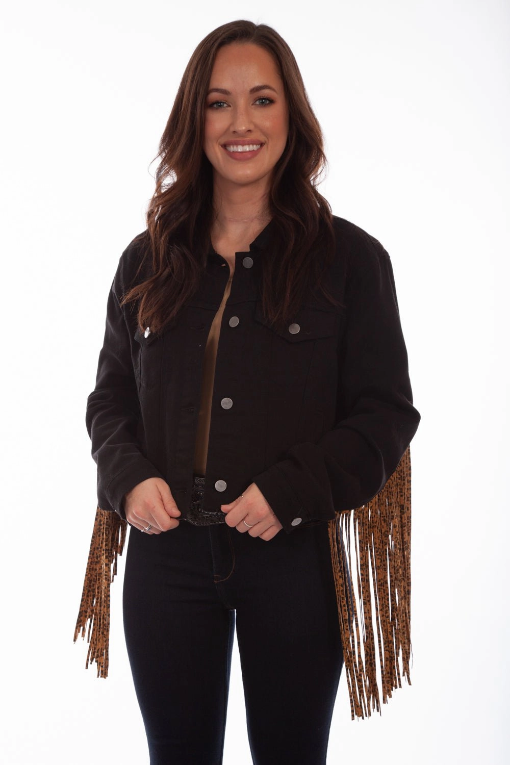 Simple Urban Layer Sporty Touch Scully Womens Black/Leopard Cotton Blend Fringe Denim Jacket
